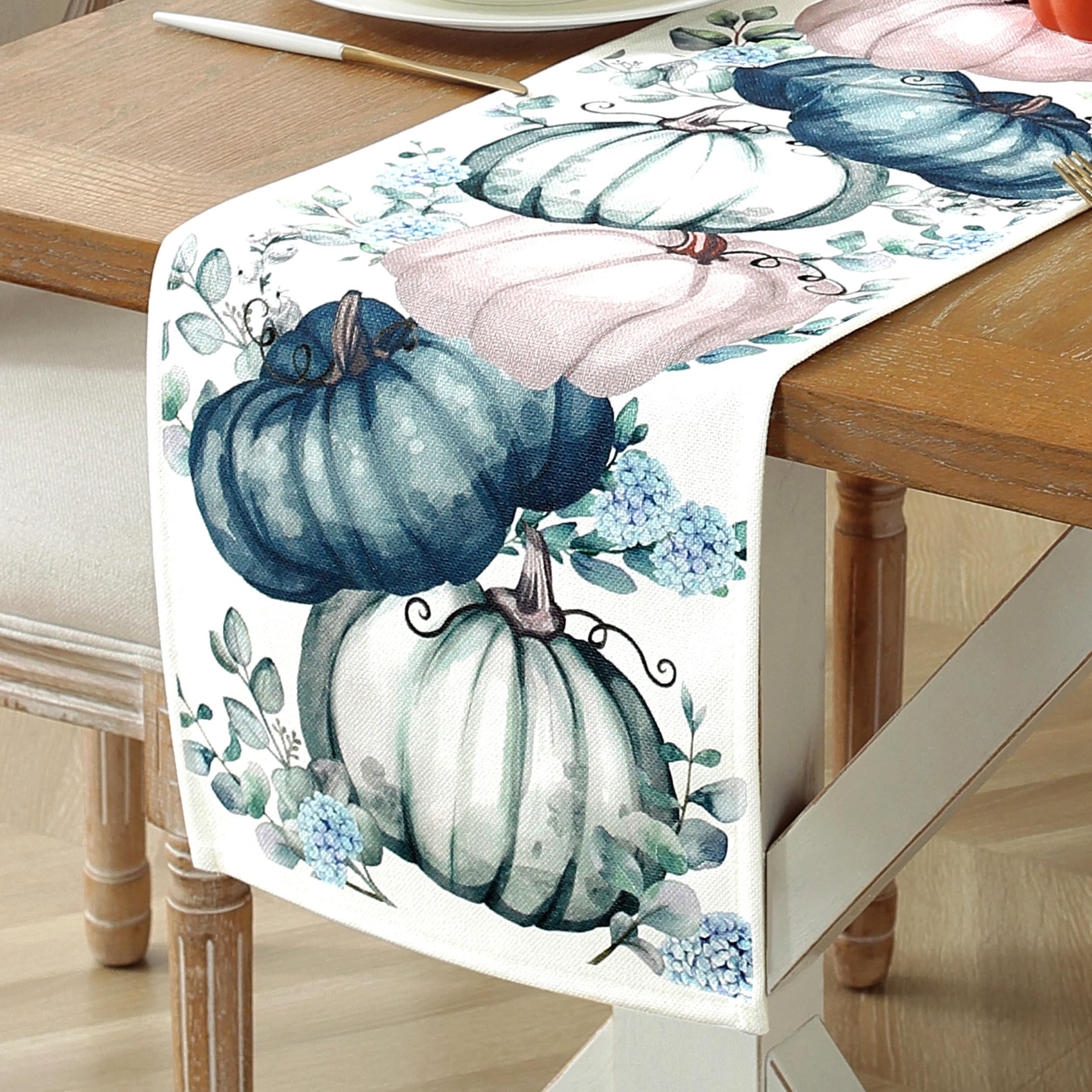 Fall Tablecloth 60x104 Inches - Blue Pumpkins & Eucalyptus Print Rectangle Table Cover, Water-Resistant Party Decor