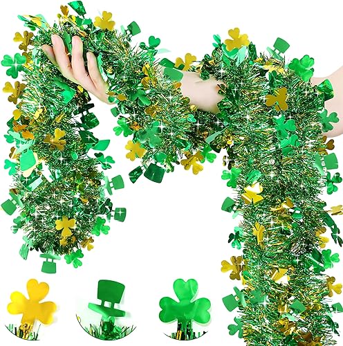 Guirnalda decorativa de 33 pies para el día de San Patricio, guirnalda de oropel con sombrero de trébol verde dorado, guirnalda metálica brillante Guirnalda decorativa de 33 pies para el día de San Patricio, guirnalda de oropel con sombrero de trébol verde dorado, guirnalda metálica brillante