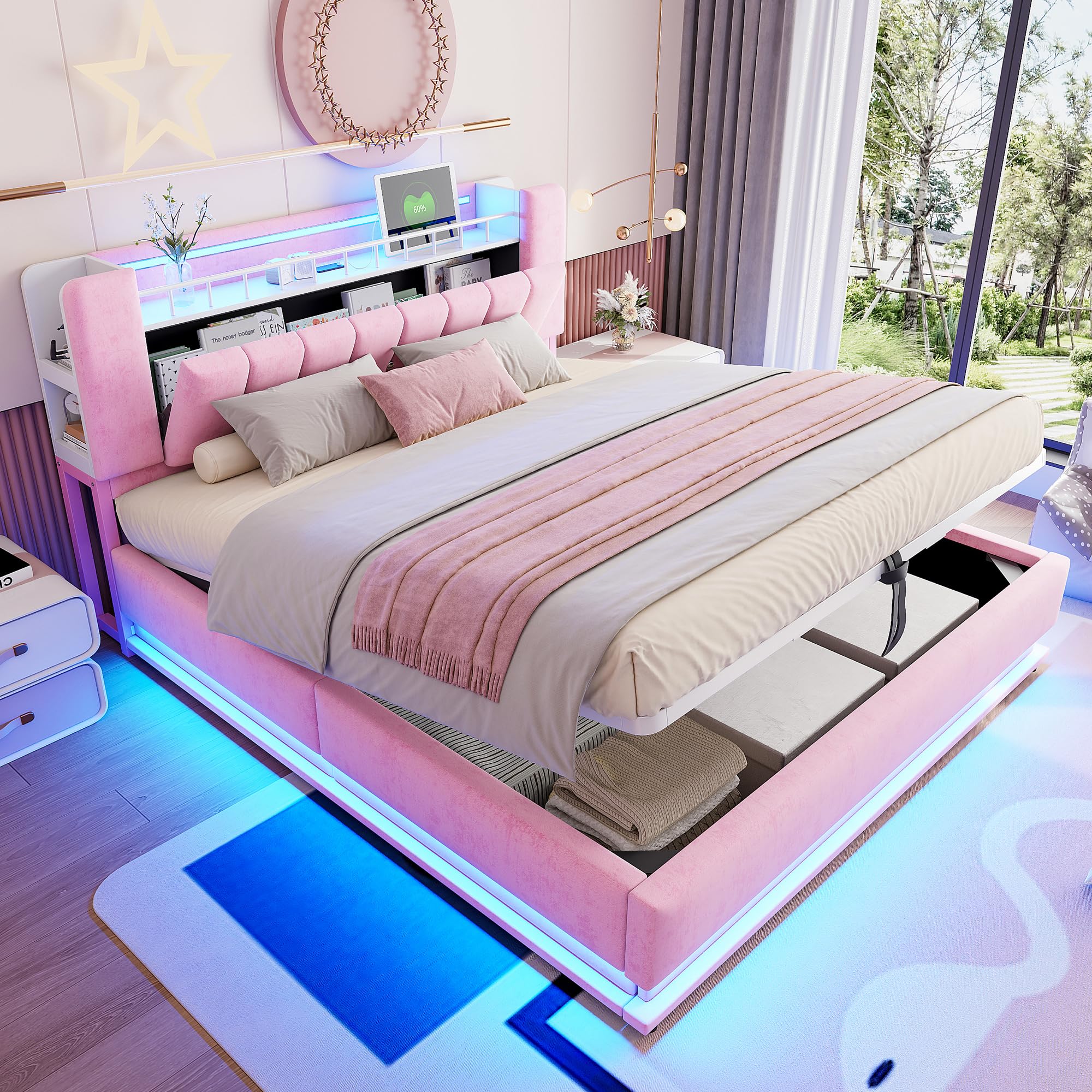 Kebnor Elegante letto imbottito con illuminazione a LED, vano portaoggetti USB e idraulico, rivestimento in velluto morbido e struttura in metallo (rosa, 180 x 200 cm)
