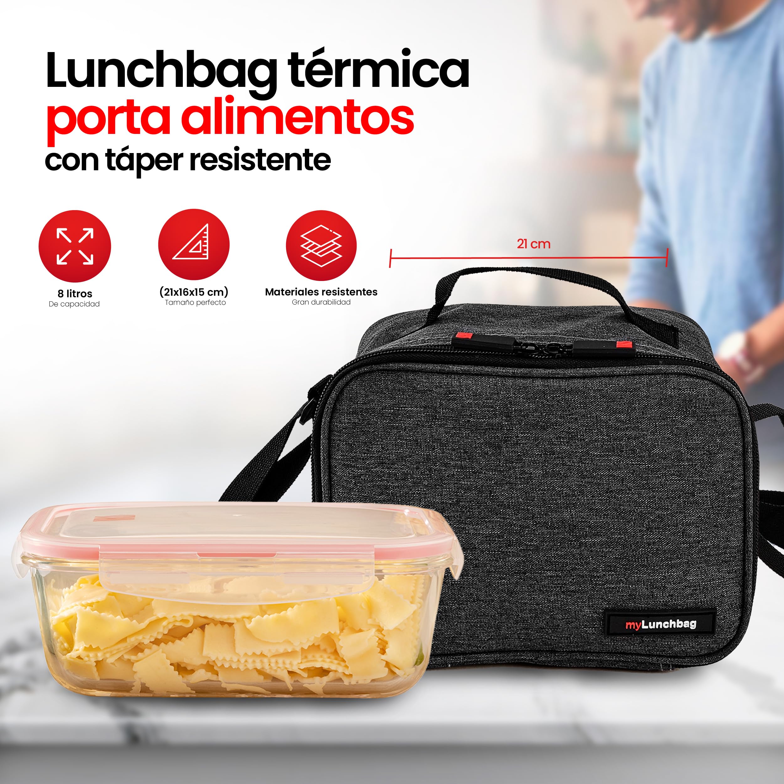 Iris Barcelona Borsa Termica Pranzo 8L Con Contenitore In Vetro, Mantiene Freddo 8 Ore, Tracolla Regolabile, Impermeabile - 5