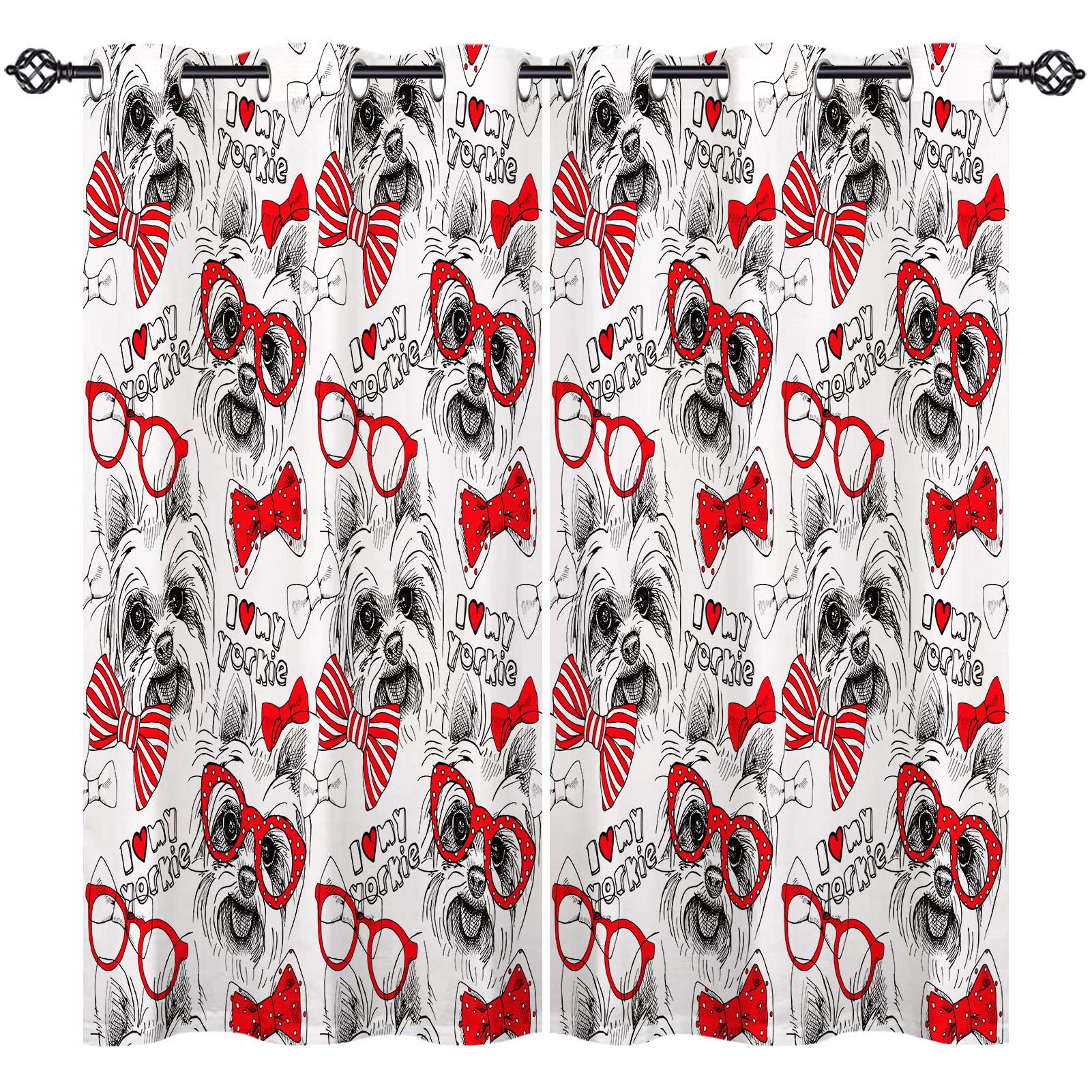 ANHOPE Dog Curtains Eyelet 80% Blackout Room Darkening Curtains with Hand Drawn Yorkie Bows Glasses Tie Print Pattern Light Blocking Window Drapes for Bedroom Living Room 46 x 54 Inch Drop 2 Panels