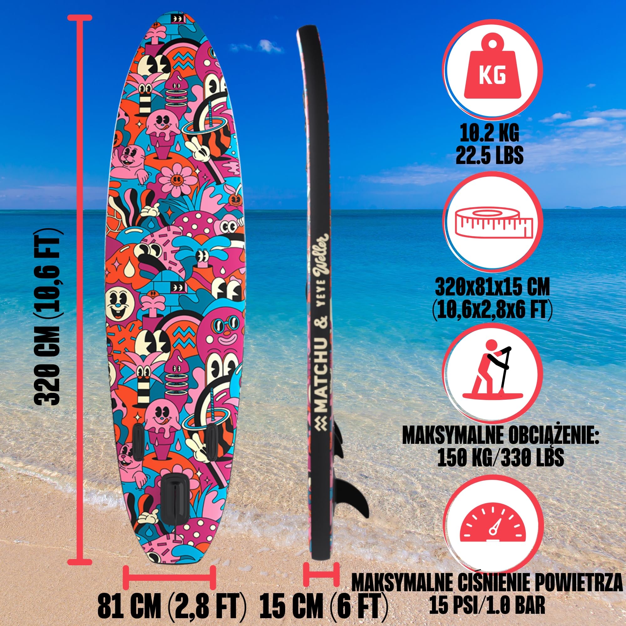 MATCHU nadmuchiwana deska Sup Board - Paddle Board - edycja limitowana - certyfikat - kompletny zestaw - 320 x 81 x 15 cm - obciążenie 150 kg - Art Collection