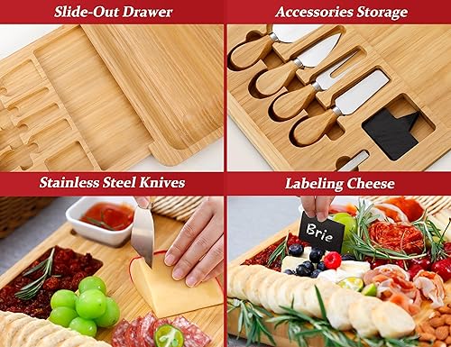 Miniatura 3 de Easoger Tabla de queso, juego de tabla grande para charcutería, plato de bambú para servir, 4 cuchillos y utensilios, regalos de inauguración de la