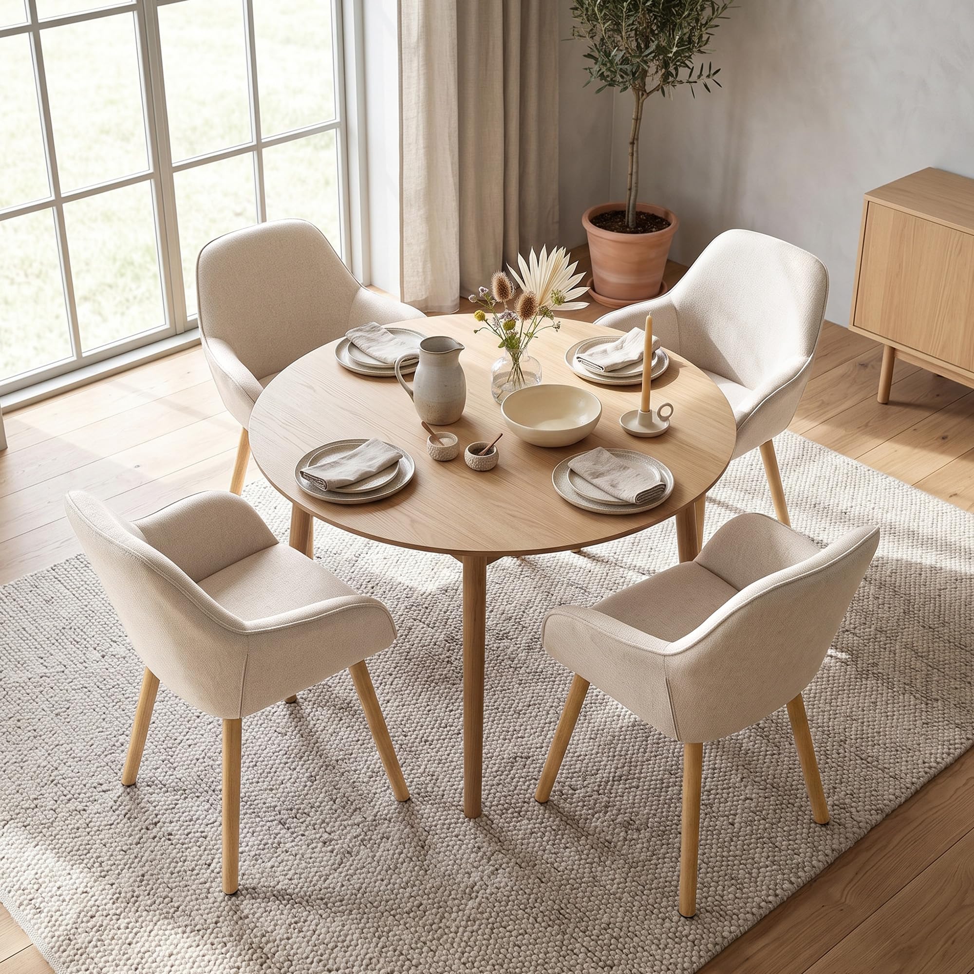 Lot de 2 Chaises de Salle à Manger Pieds en Bois, Chaise Fauteuils Rembourrés avec Accoudoirs, Chaises de Cuisine en Lin pour Salon, Bureau, Beige