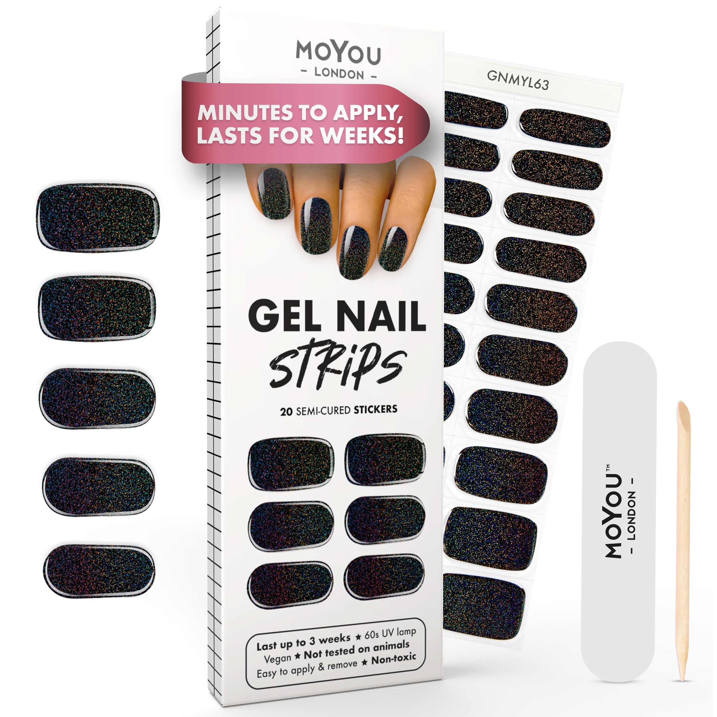 MOYOU LONDON Semi Cured Gel Nail Strips - 20 Pcs. Waterproof Gel Nail Wraps, Cures in Sunlight or UV/LED Lamp, Lasts Up to 2+ Weeks, Stretchable, Easy to Apply & Remove, Vegan & Cruelty-Free