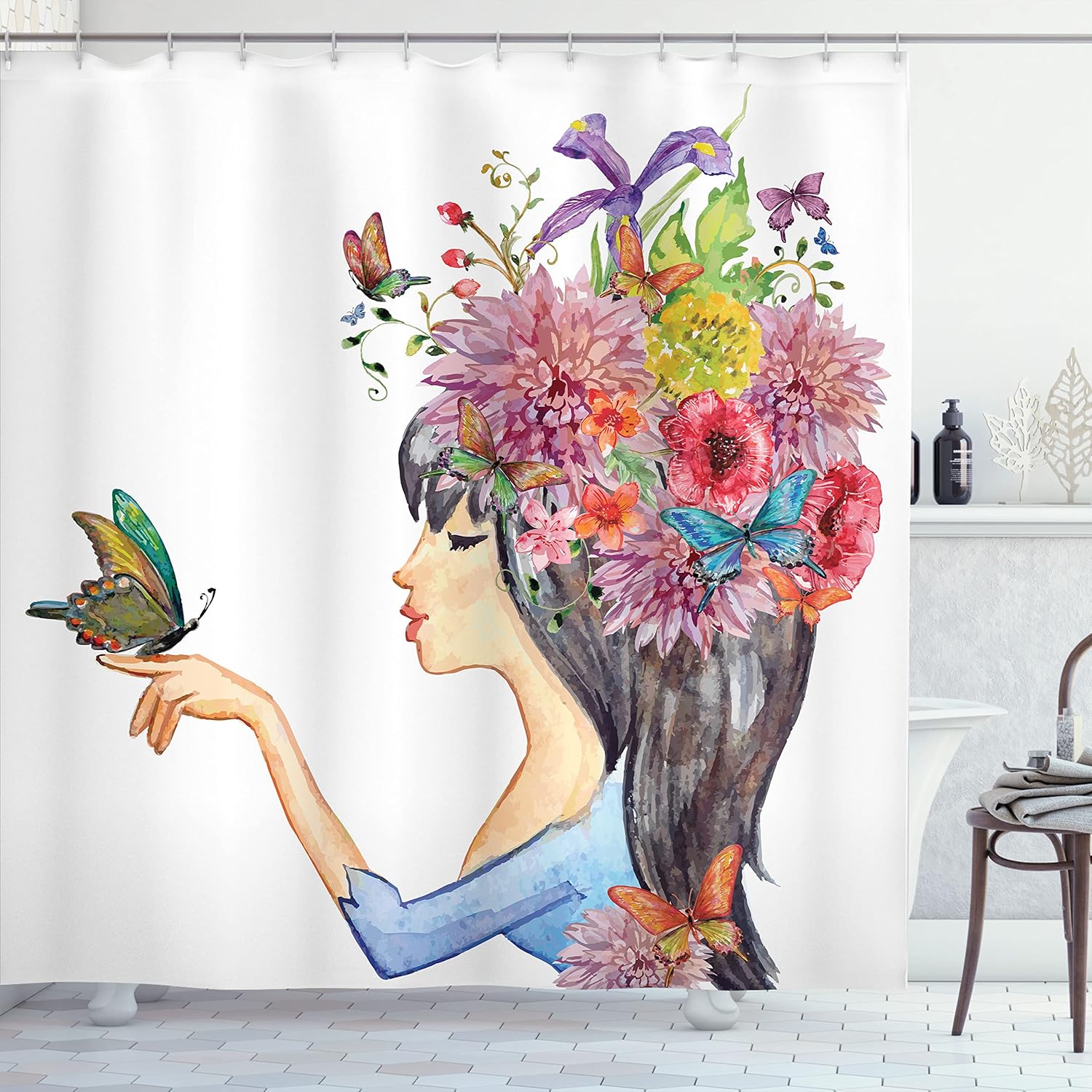 Ambesonne Watercolor Flower Shower Curtain, Floral Head Girl Holding Butterfly Romantic Feminine Spring Artwork, Cloth Fabric Bathroom Decor Set with Hooks, 69" W x 70" L, Champagne Pink