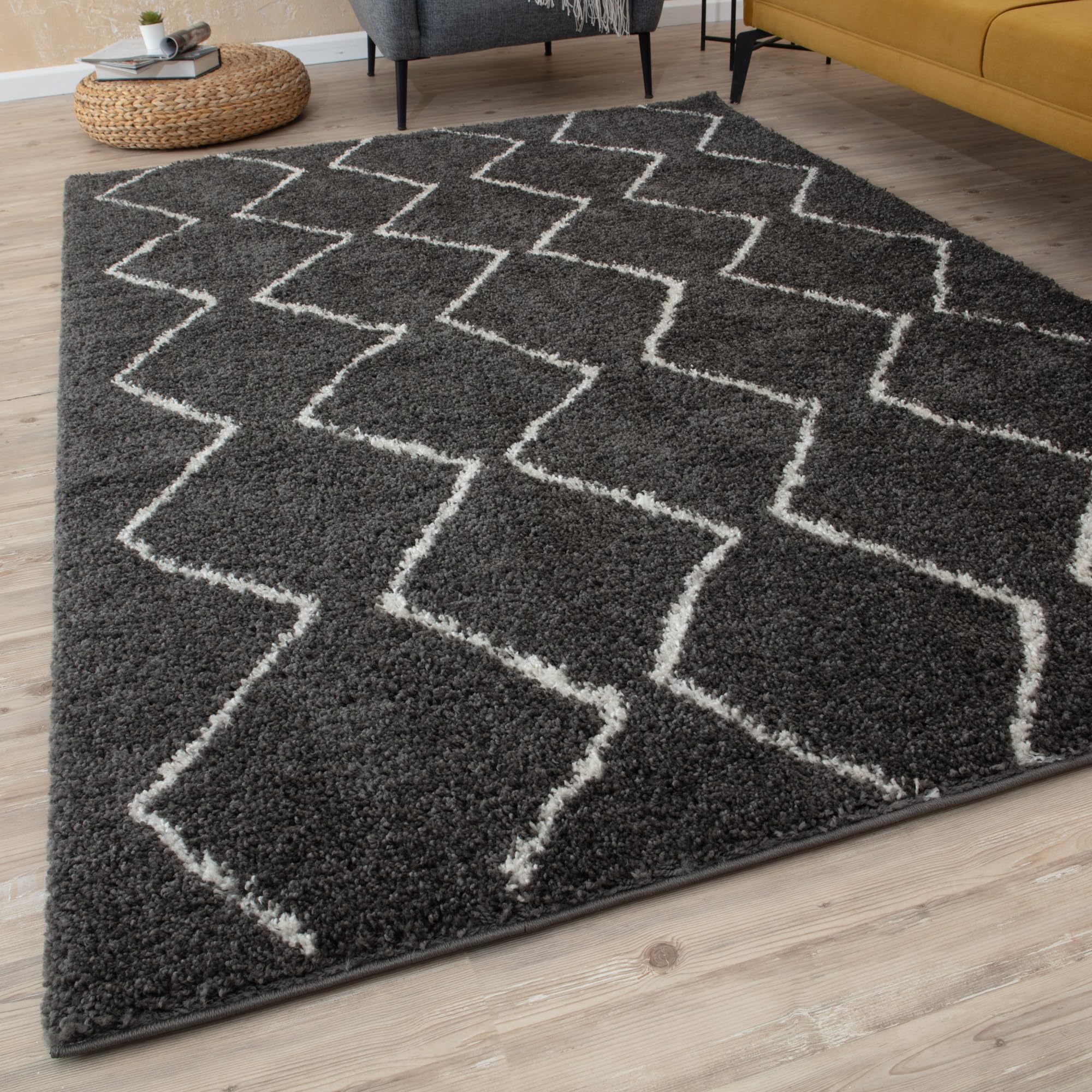 THE RUGS Modern Moroccan Design Living Room and Bedroom Rugs, Non-Shedding & Easy Care (Boho Dark Grey/Ivory, 80x300 cm)