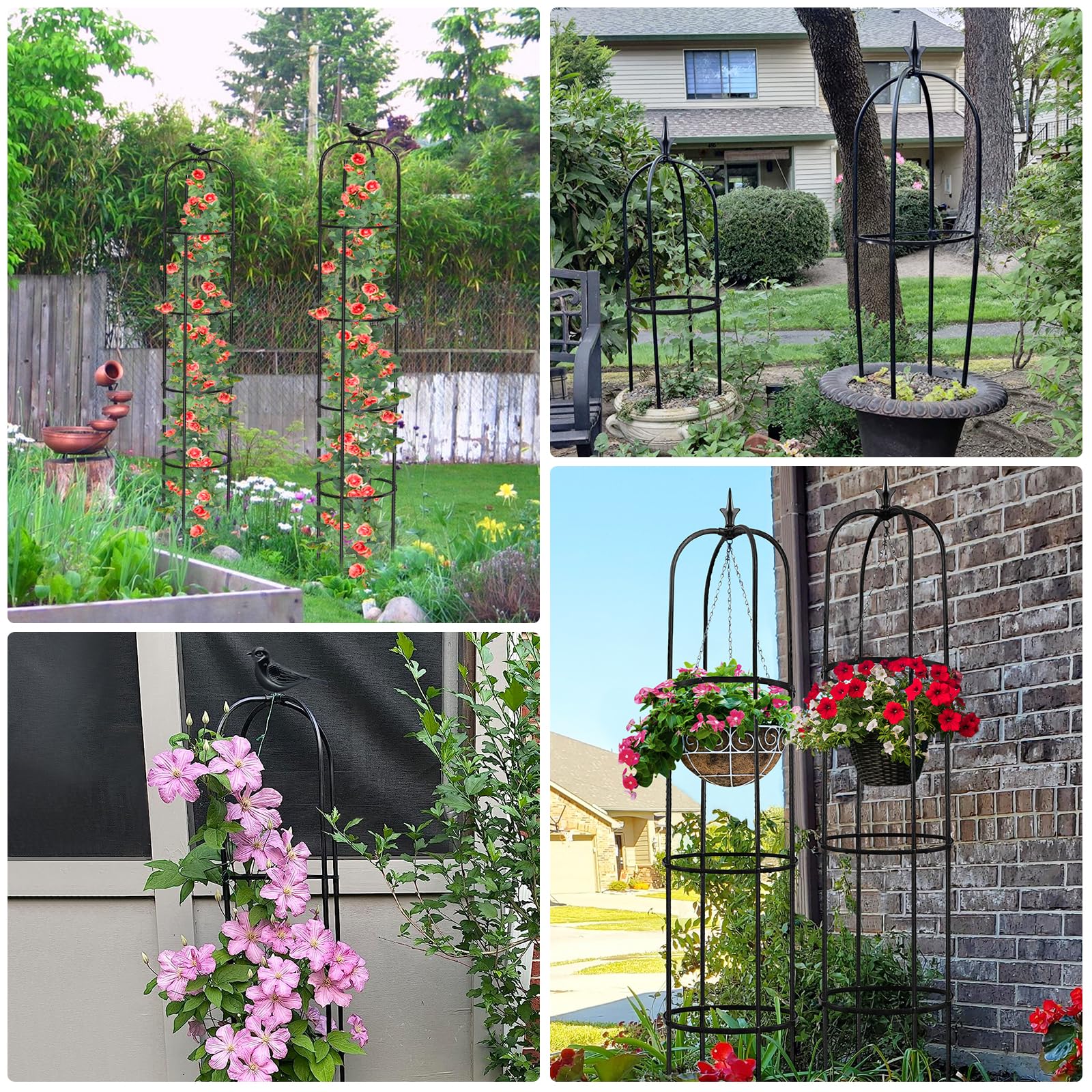 MQUPIN Treillis de Jardin pour Plantes Grimpantes,192CM Noir Tour Jardin Obélisque Treillis Métal Antirouille Plante Pot Support Escalade pour Intérieur Extérieur Fleurs Légumes Fruits(2 Pièces)