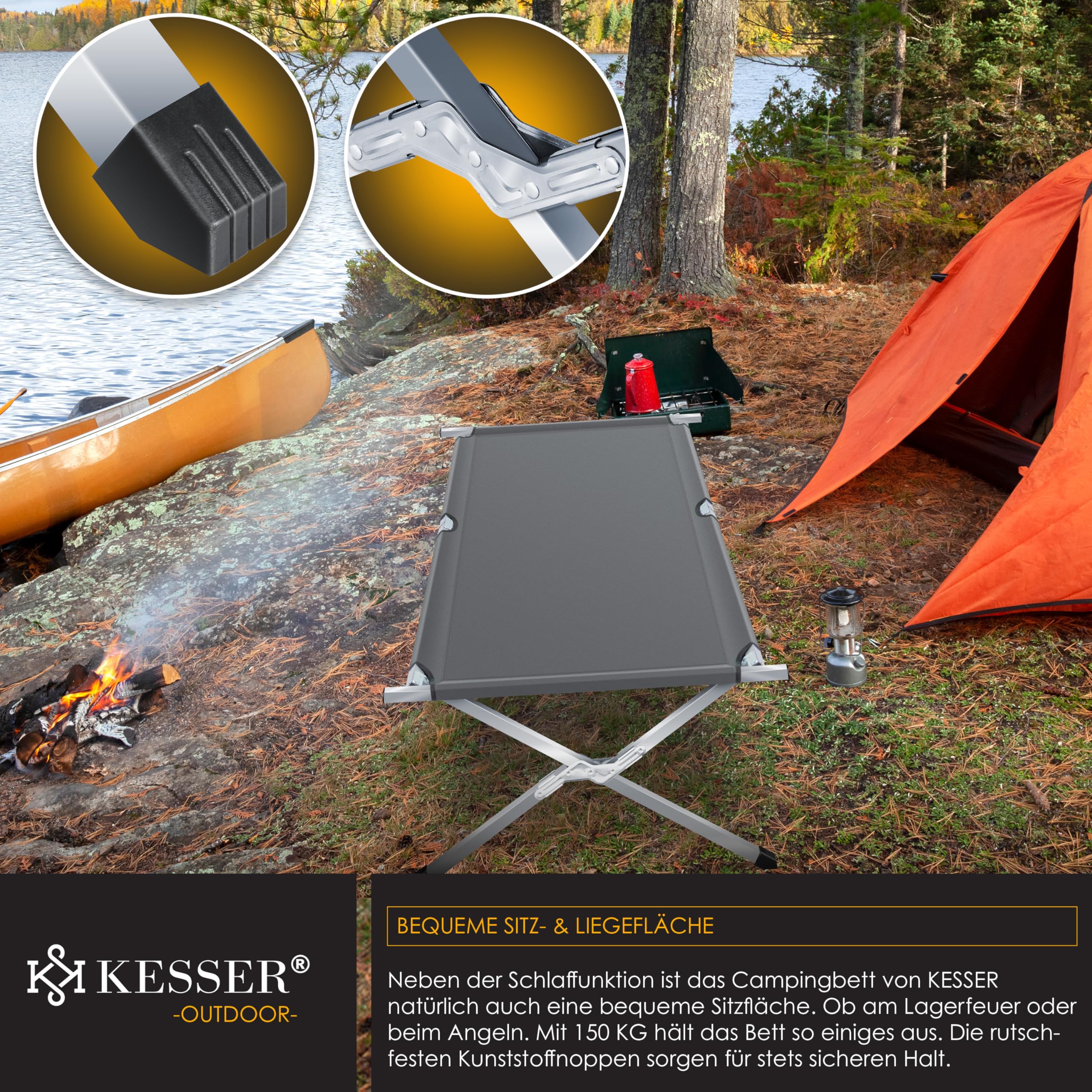 KESSER® Lettino da Campeggio, Letto Pieghevole con Borsa da Trasporto, Borsa Laterale e Luce da Campeggio, Portata Fino a 150 kg, Tessuto Oxford 600D, Lettino Portatile