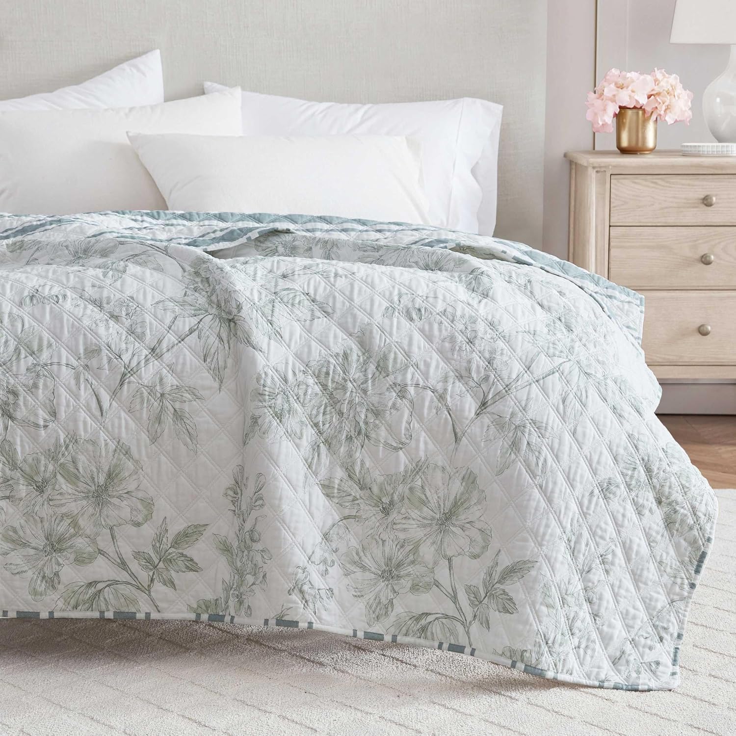 Martha Stewart - Blanket, Quilted Cotton Throw Blanket, Incredibly Soft & Oversized Bedding for Couch or Bed (Vine Flora Green, 50" x 70")