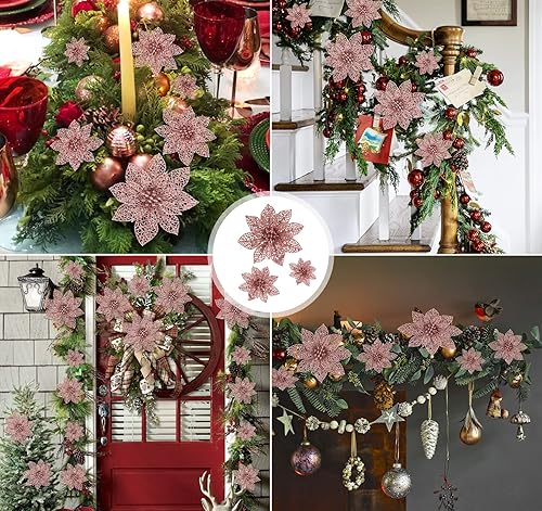 Miniatura 4 de Adornos de Navidad de flor de pascua artificial, 30 unidades, decoraciones de flores de Navidad con purpurina con hoja de tallo y clips para