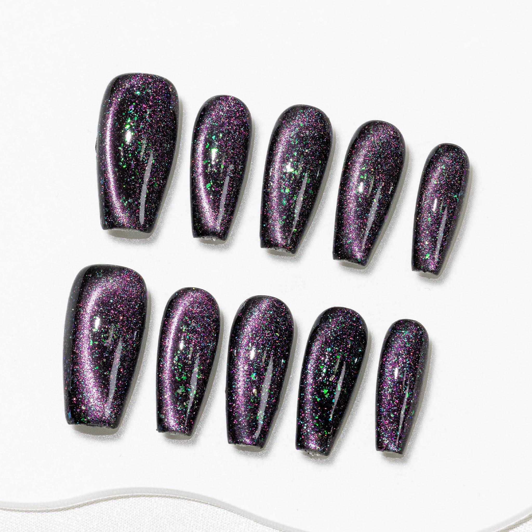 Sun&Beam Nails Handmade Press-on Medium Long Almond Fuchsia Pink Cat Eye Design Charming False Nail Tips 10 Pcs (#124 L) — view 35
