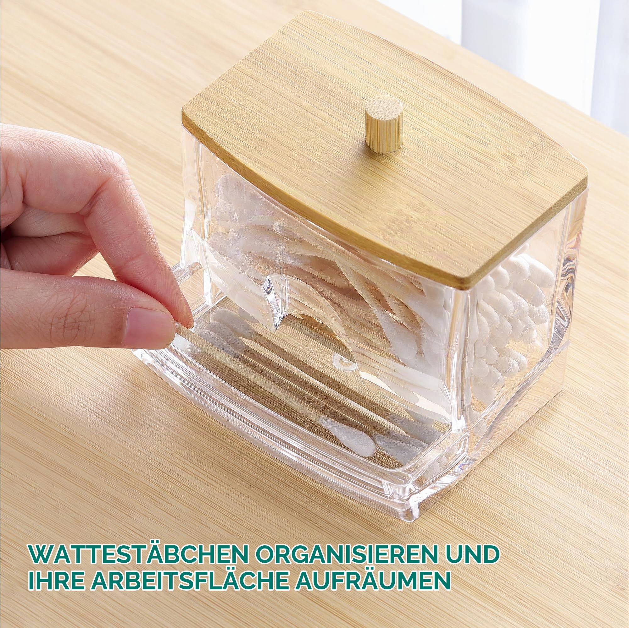 Navaris Wattestäbchen Behälter - Wattestäbchen Spender - Ohrenstäbchen Aufbewahrung mit Bambus Deckel - Ohrstäbchen Organizer