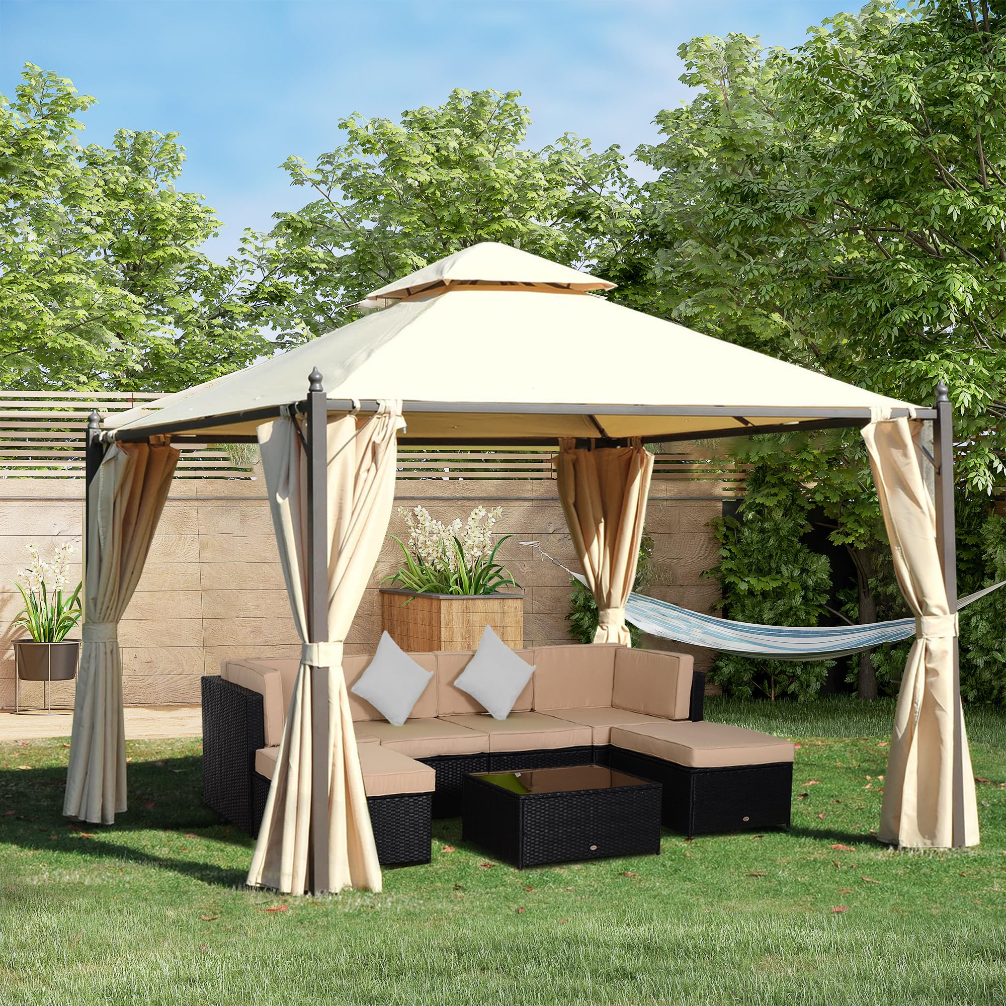 Outsunny Gazebo da Giardino 3 x 3m 4 Tende Laterali Doppio Tetto Beige | nan