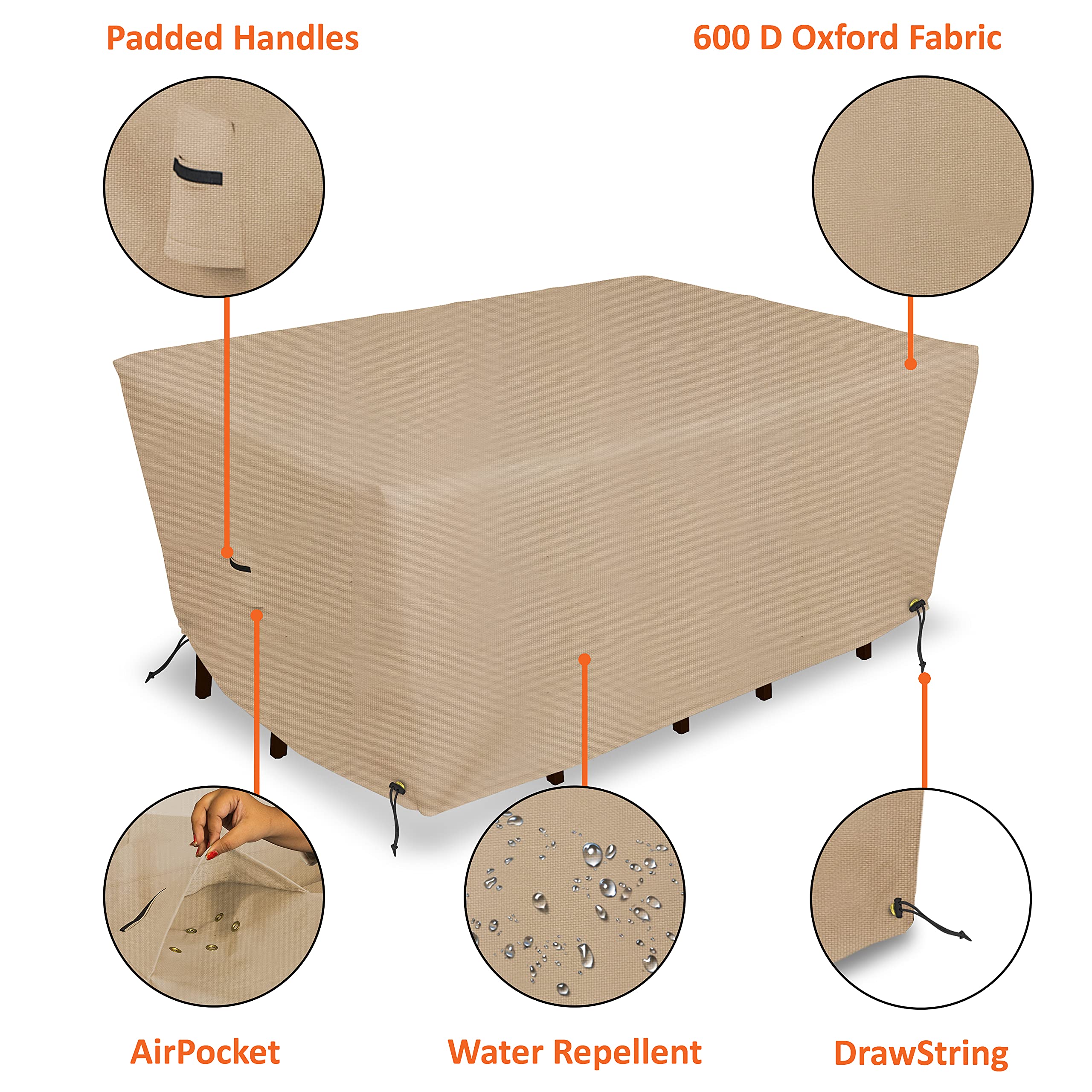 Patio Table & Chair Set Cover 600 D Polyester Oxford Fabric - Water Repellent Outdoor Rectangle Dining Table Cover with Padded Handles, Air Pockets & Drawstring (Beige, 140” L X 80” D X 32” H)