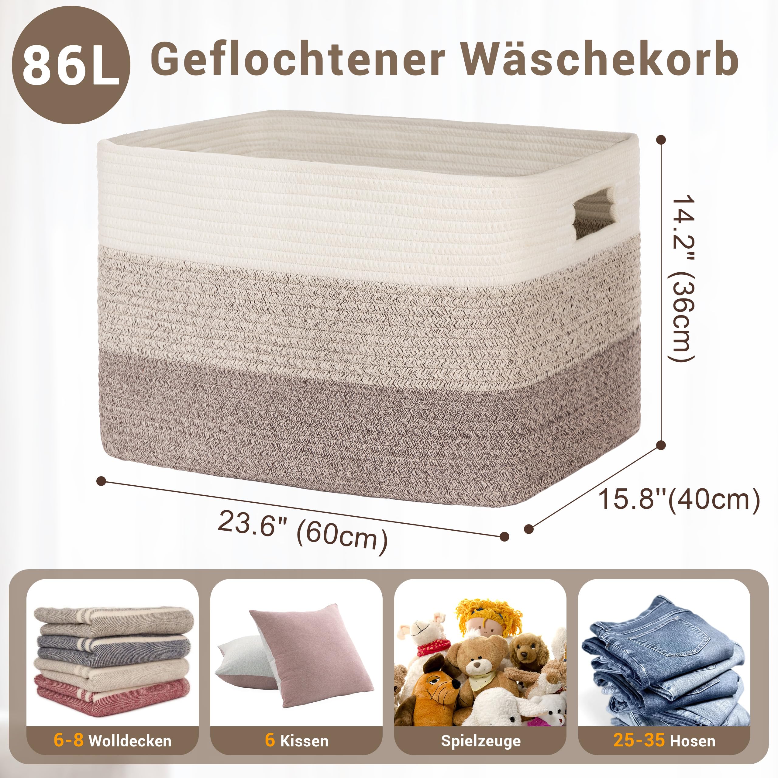 Gran organizador 86L en cuerda de algodón, cesto para juguetes, mantas, ropa, trenzado con asas, recogedor de ropa de tela para decoración de habitación infantil o salón, degradado marrón