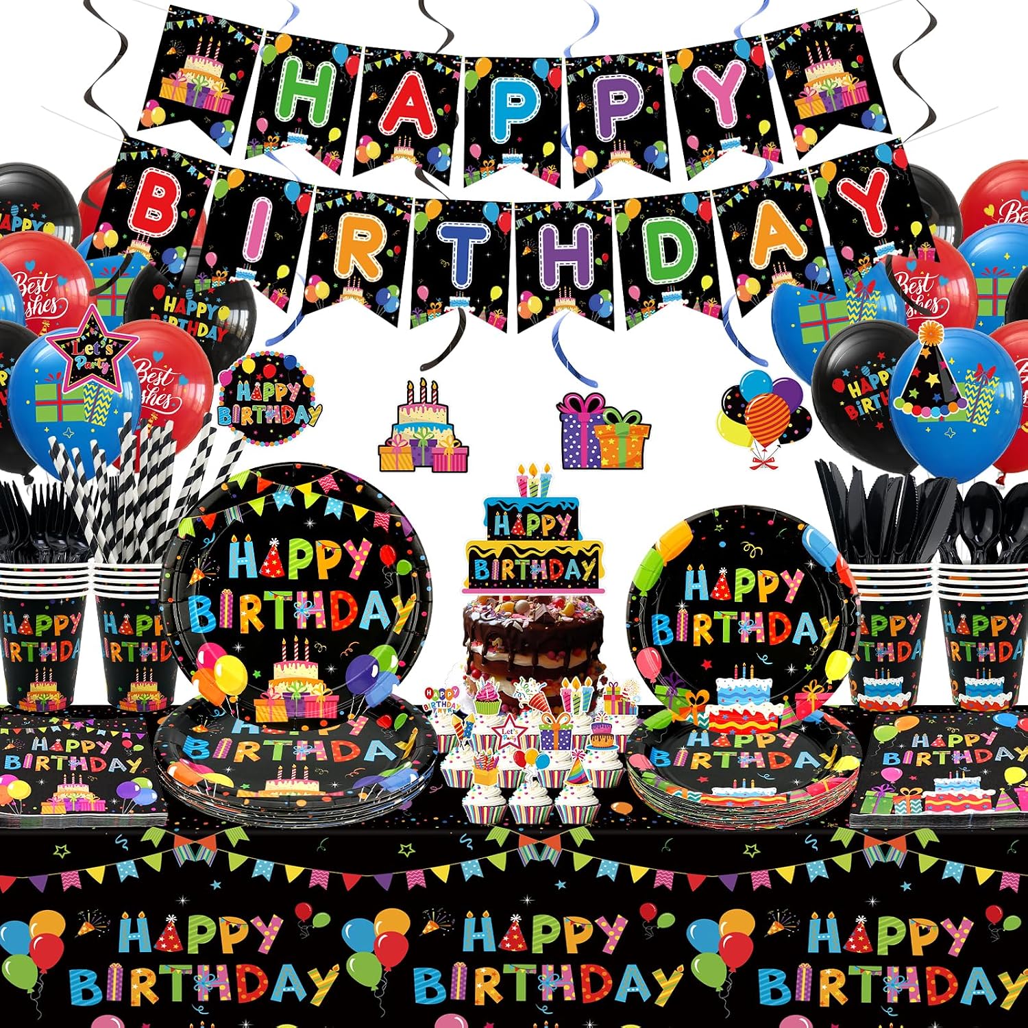 Colorful Black Party Decorations - Black and Colourful Party Supplies including Banner, Plate, Cake Topper, Cup, Napkin, Balloon, Tablecloth - Serves 20
