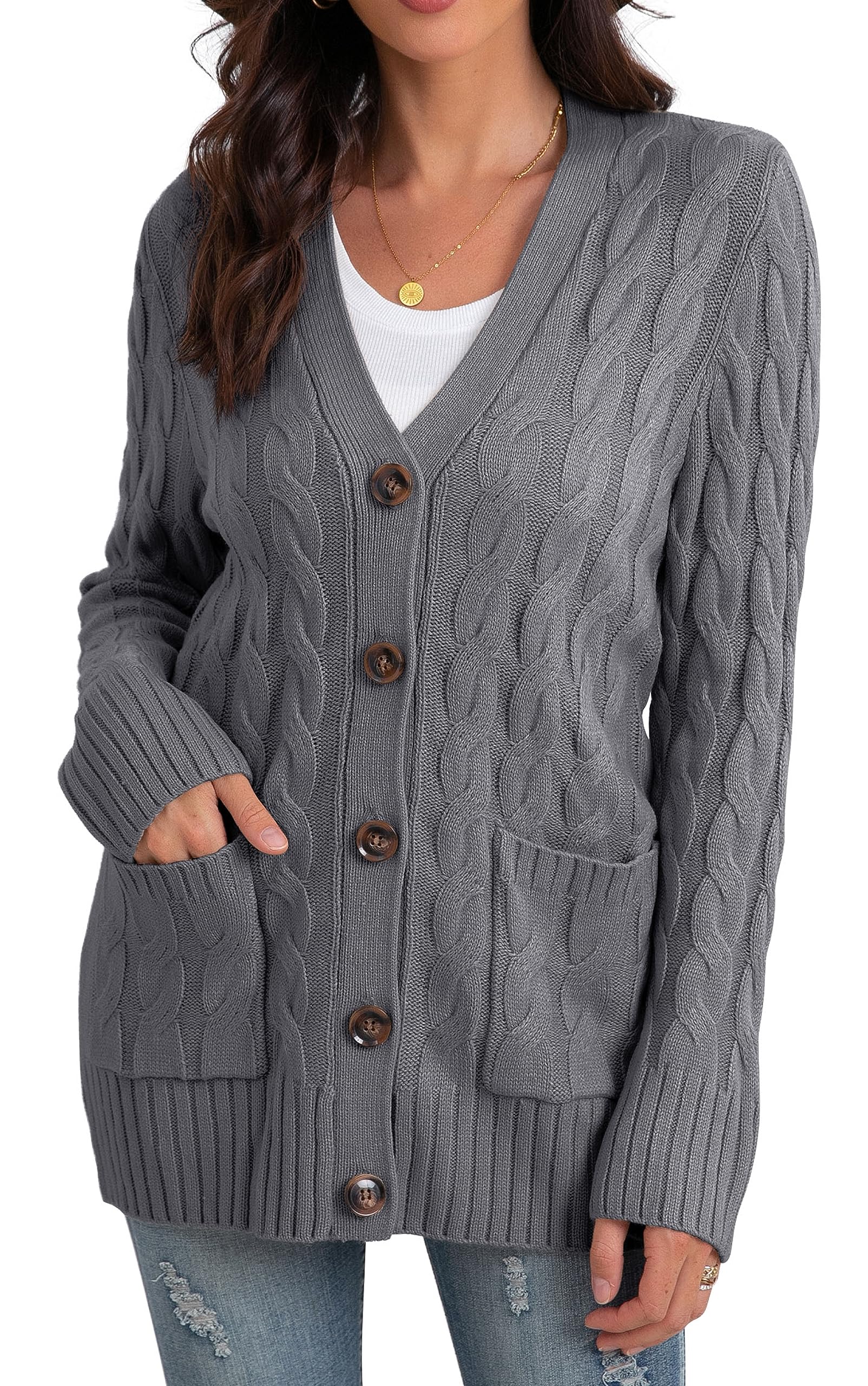 GRECERELLE Damen Strickjacke Strick Cardigan Lange Elegant Strickjacken mit Taschen mit Knöpfen Strickwaren Übergroße Pullover Strickmantel für Herbst Winter Frühling