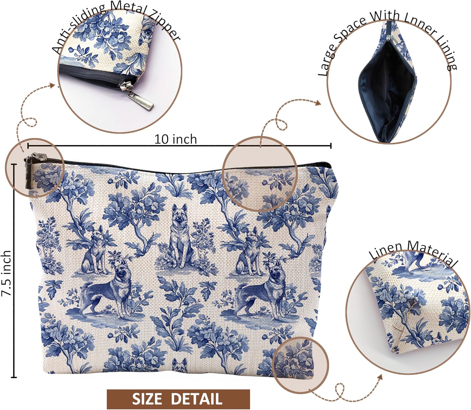 Chinoiserie Norwegian Elkhound Makeup Bag, Dog Lovers Gifts Cosmetic Bags for Women, Dogs Mom Gifts for Women, Grandmillennial Blue and White Botanical Dog Zipper Makeup Pouch - Image 5