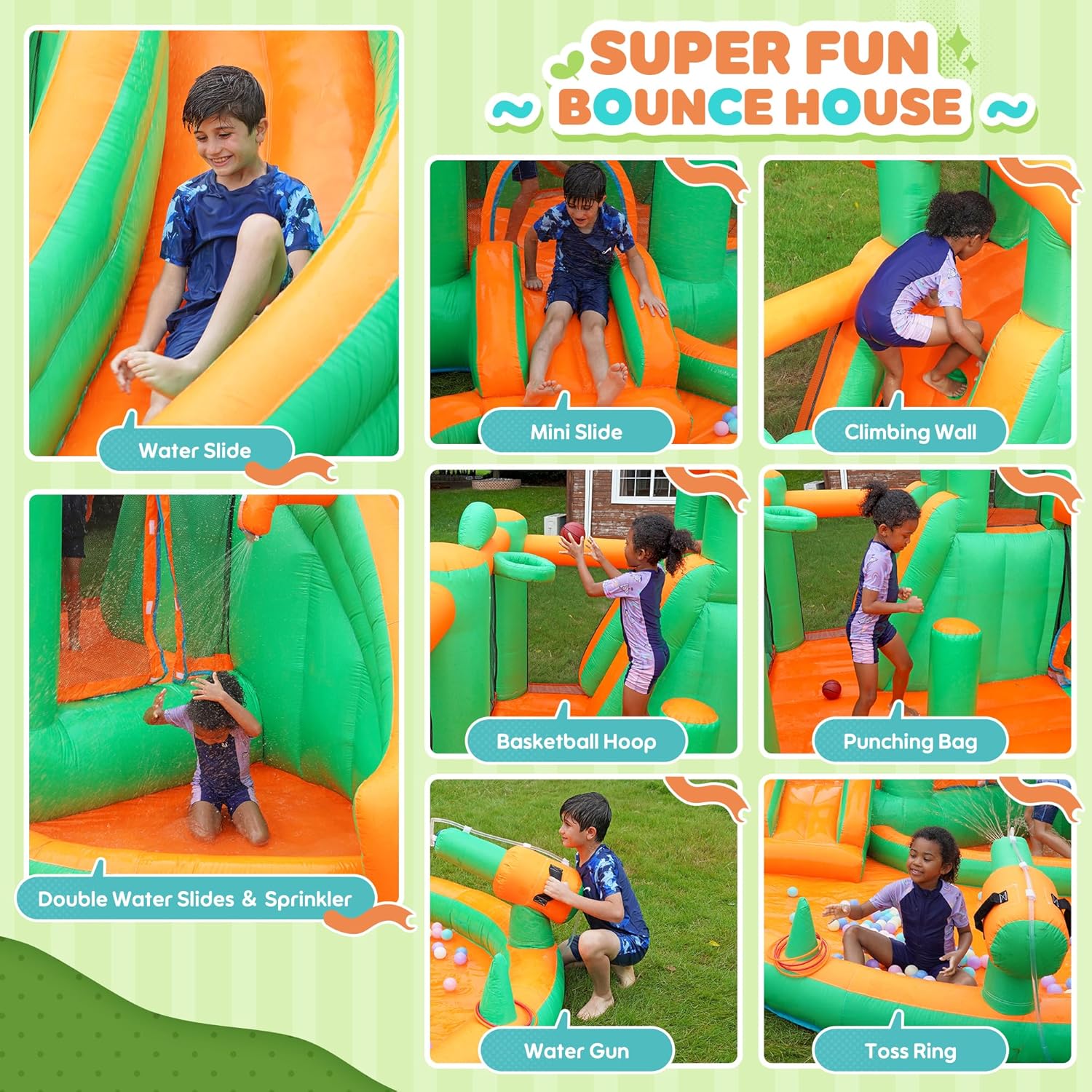 INFLATEFLY Inflatable Bounce House for Kids, 7-in-1 Jumping Castle with Double Slide, Water Gun, Splash Pool, Climbing Wall, Basketball Hoop, Ring Toss, 750W Blower for Indoor Outdoor Backyard