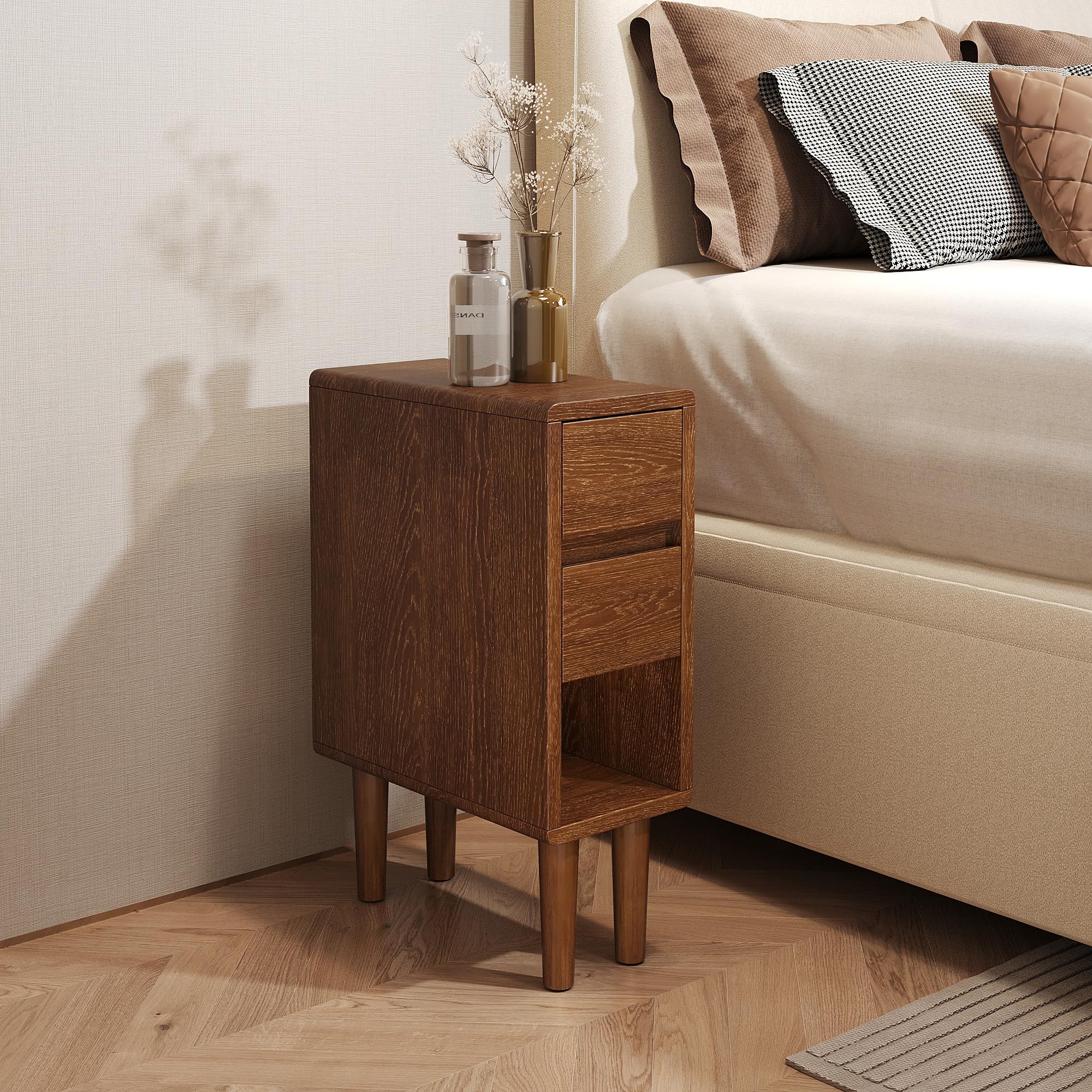 narrow nightstand 2 drawers with open shelf narrow night stand solid wood bedside table mid century modern nightstand wooden end table for bedroom, living room, study, office