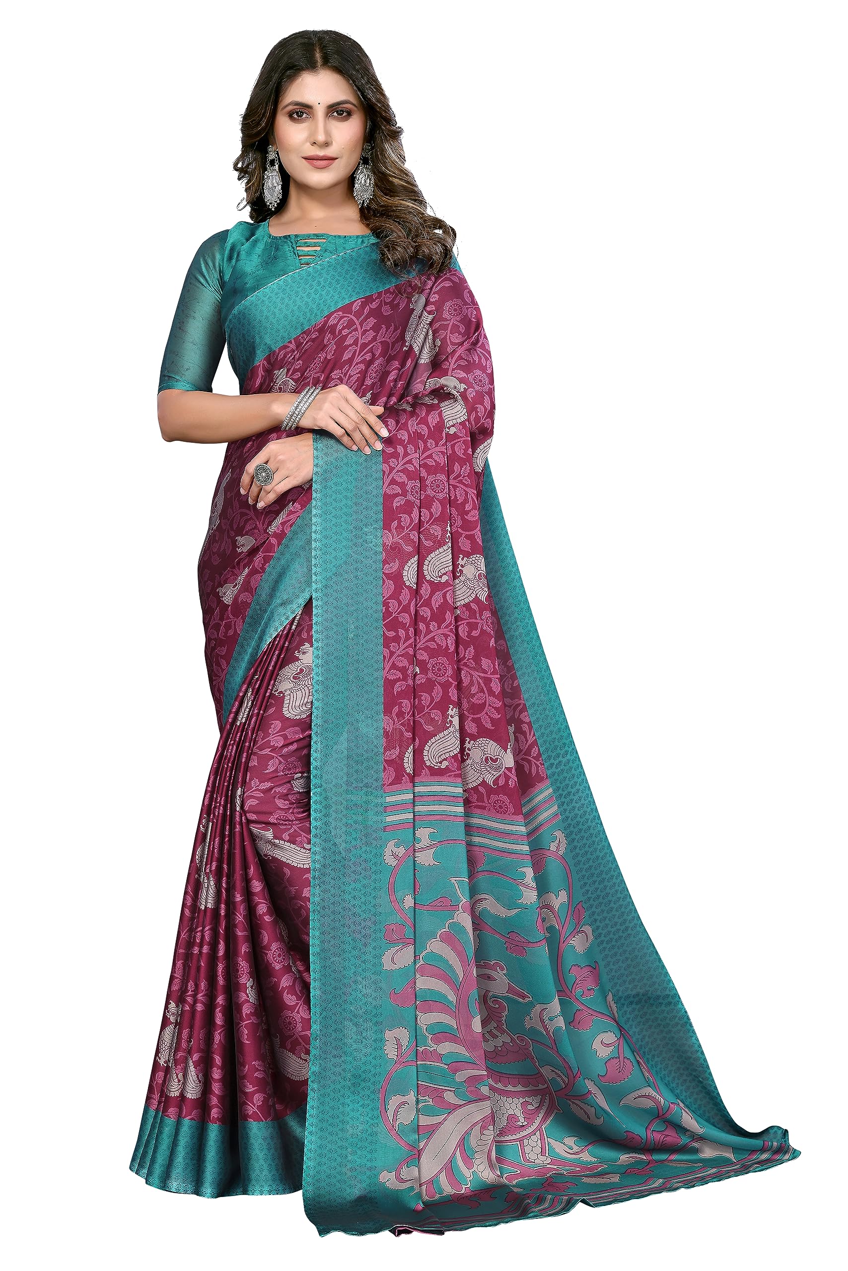 Tarshika Women's Trendy Rangoli Chiffon Rama Color Saree with Blouse Material(YASHVI RAMA)