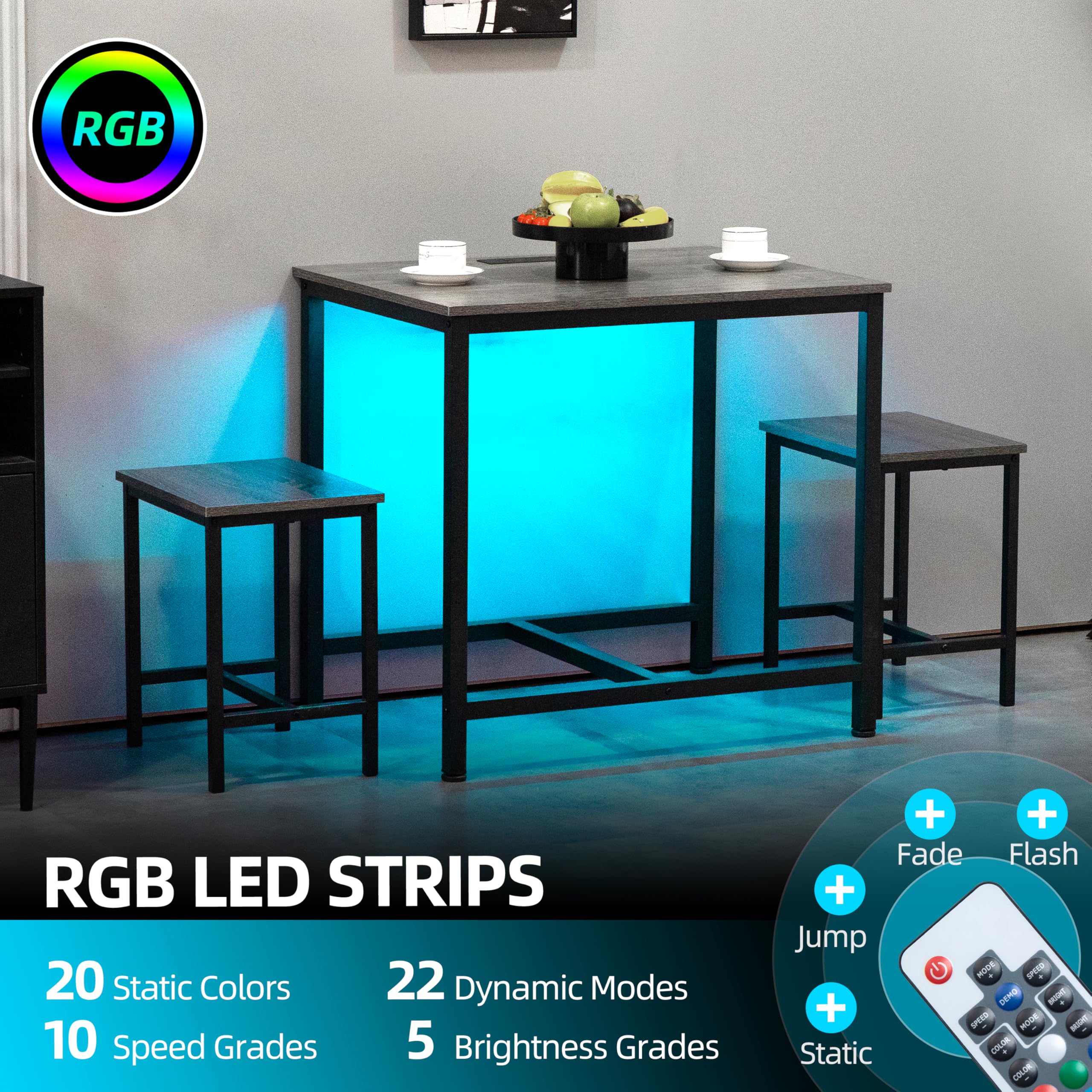 Juego de mesa de comedor de 3 piezas, mesa de cocina pequeña con 2 sillas, luz LED y toma de corriente USB tipo C, diseño que ahorra espacio para comedor, sala de estar, apartamento, gris y 6