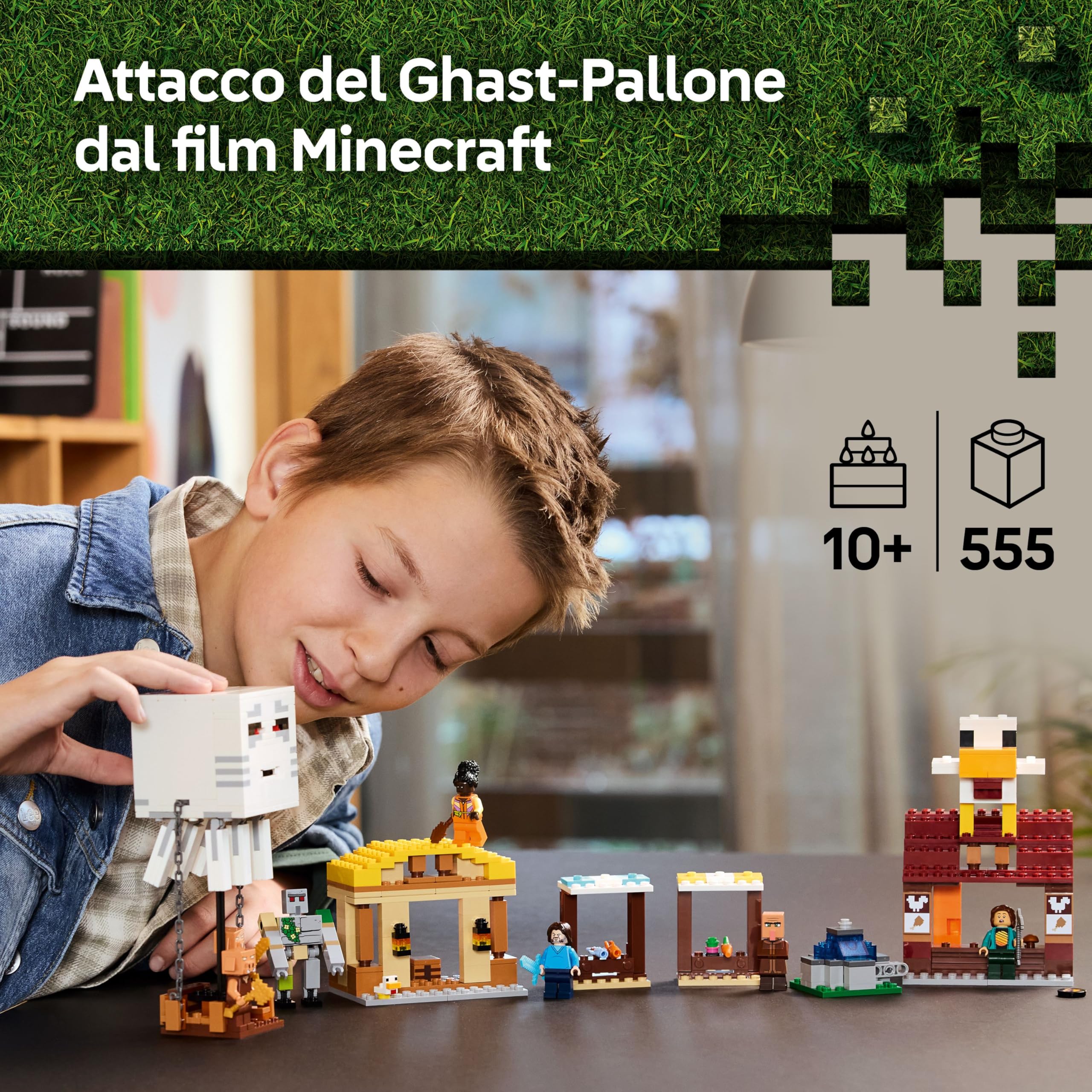 LEGO Minecraft Attacco al Villaggio del Ghast-Pallone - Giocattolo con Casa di Steve, 4 Minifigure, Golem di Ferro e Funzione Fontana Esplosiva - Regalo per Gamer, Bambini e Bambine da 10 Anni - 21273