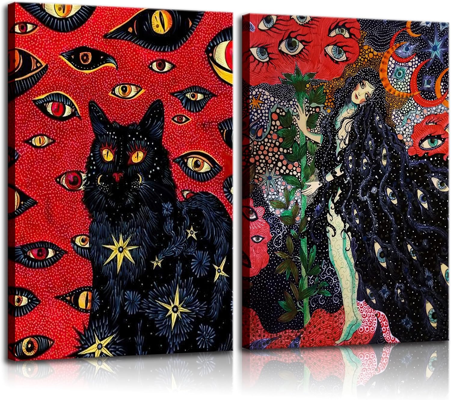 2Pcs Framed Black Cat Cohen Hippie Psychedelic Wall Art Retro Fun Cool Girl Mystical Animal Eyes Stars Canvas Posters Prints Cat Lovers Wall Decor Pictures Bedroom Living Room Dorm Decoration12x16in