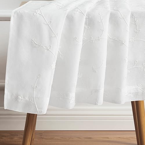 Miniatura 3 de Bujasso Cortinas semitraslúcidas florales blancas de 54 pulgadas con patrón de hojas bordadas, paneles de cortina para ventana con forro de