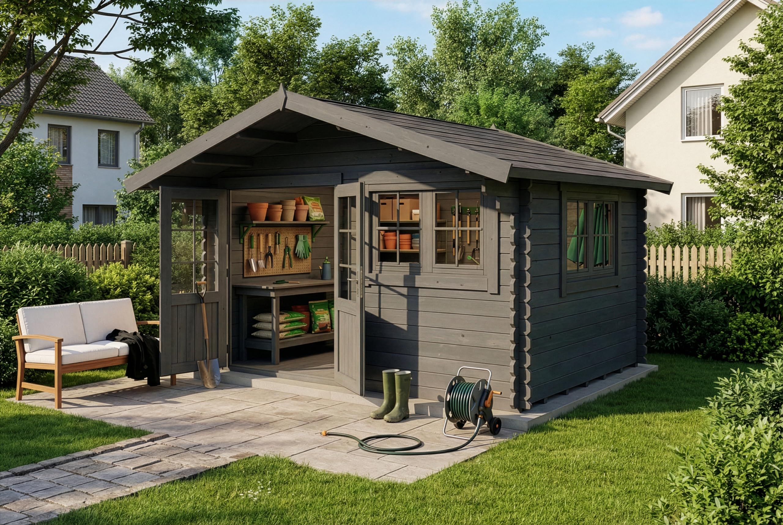 Alpholz Gartenhaus Gabriel 438 x 367cm mit 34 mm Wandstärke in Imprägnierung Grau inkl. Fußboden