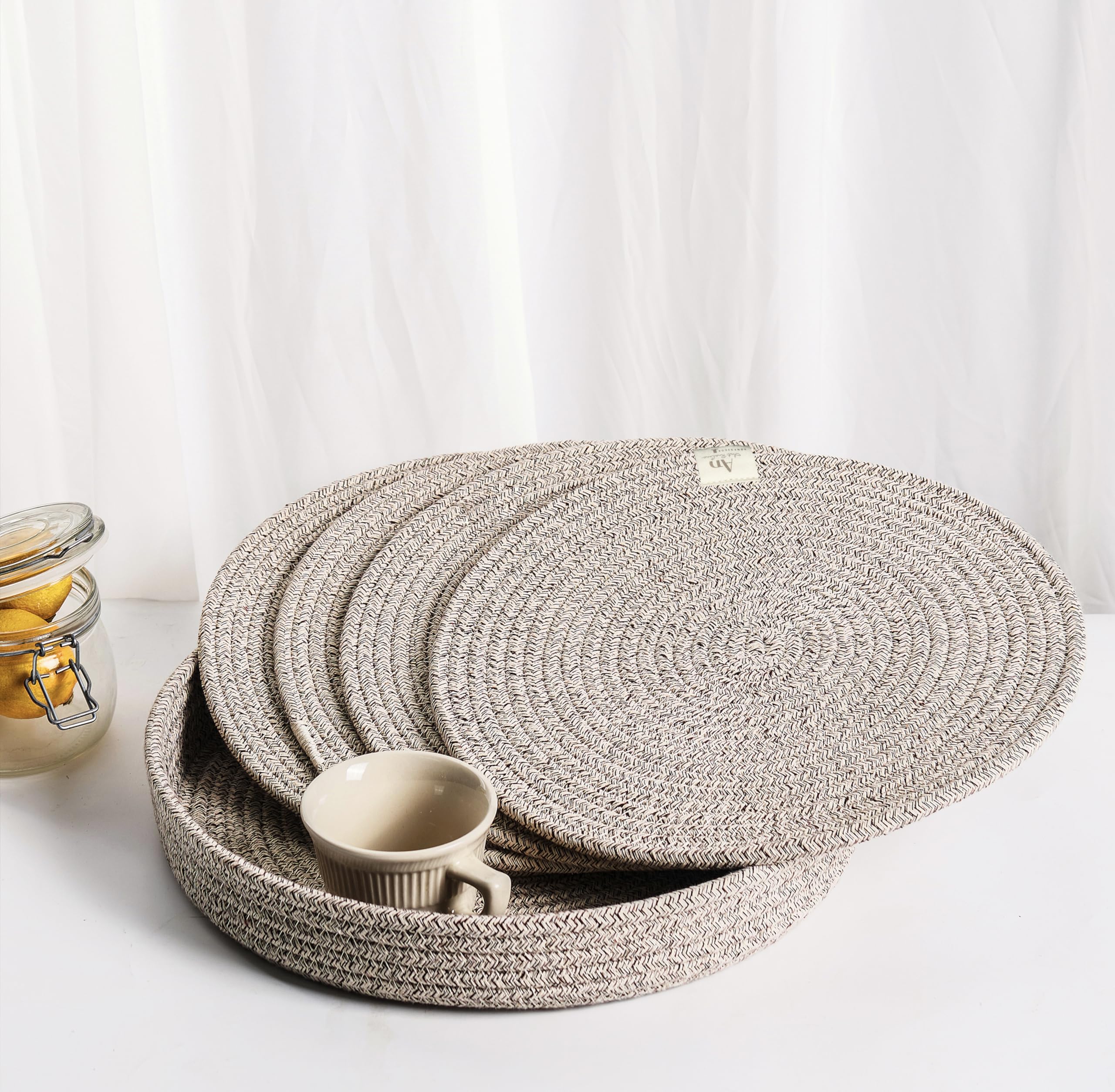Art PineCone's 13-inch Woven Cotton Rope Round Placemats Set of 4 with Holder Included, Non-Slip and Heat Resistant for Your Perfect Table Decor!(13” Brown Mixed)