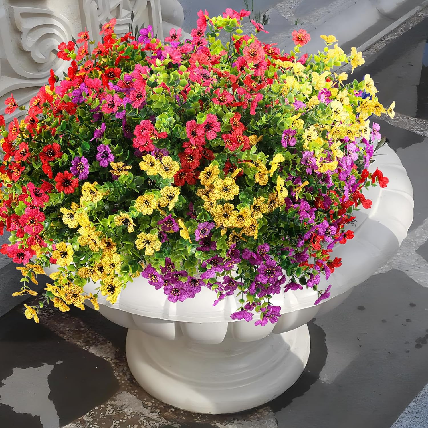 36 Bundles Artificial Flowers Outdoors UV Resistant Fake Plastic Spring Mum Flowers Colorful Silk Plants for Outside Porch Window Patio Home Decor(36, Red, Purple, Yellow, Rose Red)