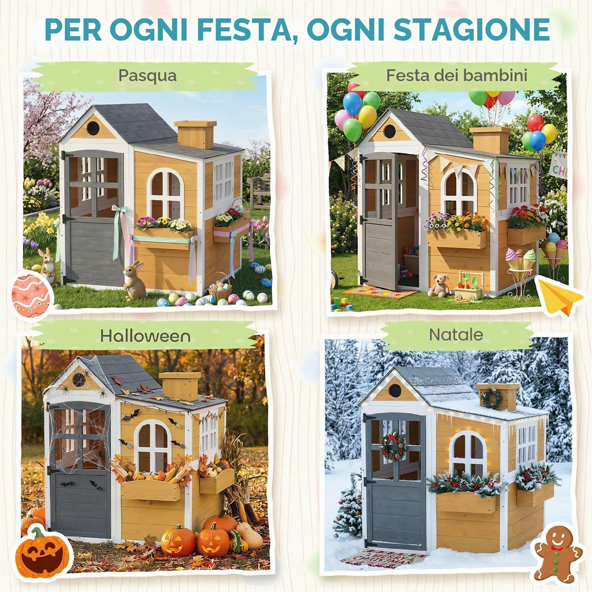AIYAPLAY Casetta per bambini in legno per esterno, casa per bambini per esterno/interno con porta, finestre, 3 fioriere, resistente agli agenti atmosferici, casetta da gioco per 3-6 anni