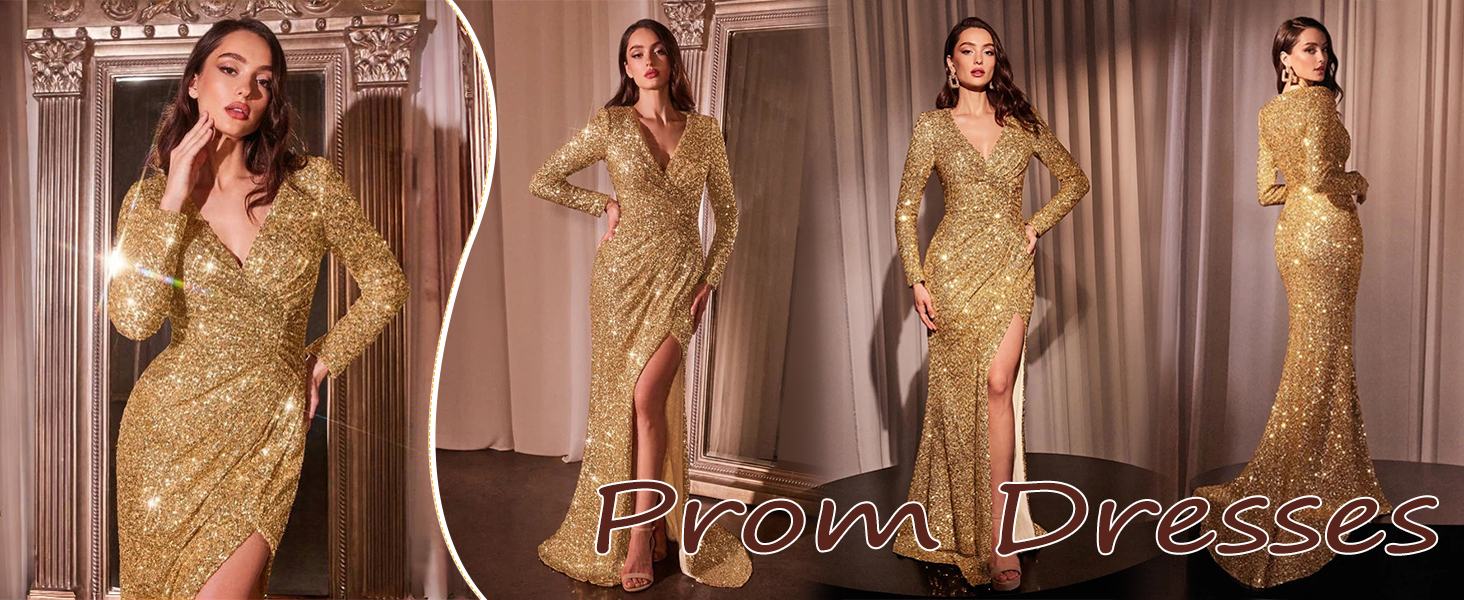 Amazon.com: Mermaid Sparkly Sequin Prom Dress for Women 2026 Black Luxury  Long Sleeve Prom Dresses with Slit Sexy Deep V Neck Long Formal Evening Gown  with Train US0 : Clothing, Shoes &