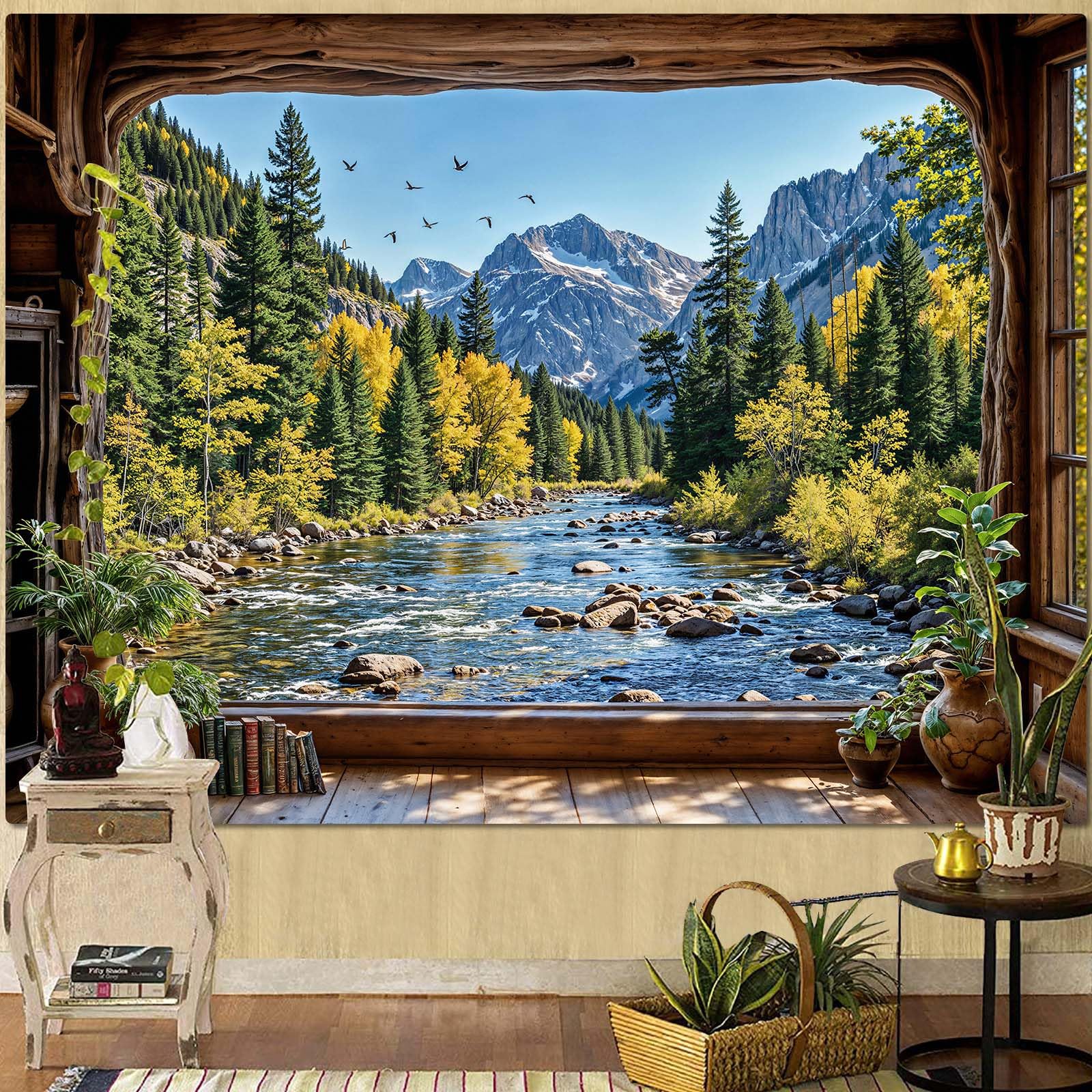 Lifeella Forest Window Tapestry, Mountain River Landscape Wall Backdrop, Nature Pine Tree Mural for Living Room Bedroom Office Decor, Green 44x60 inches