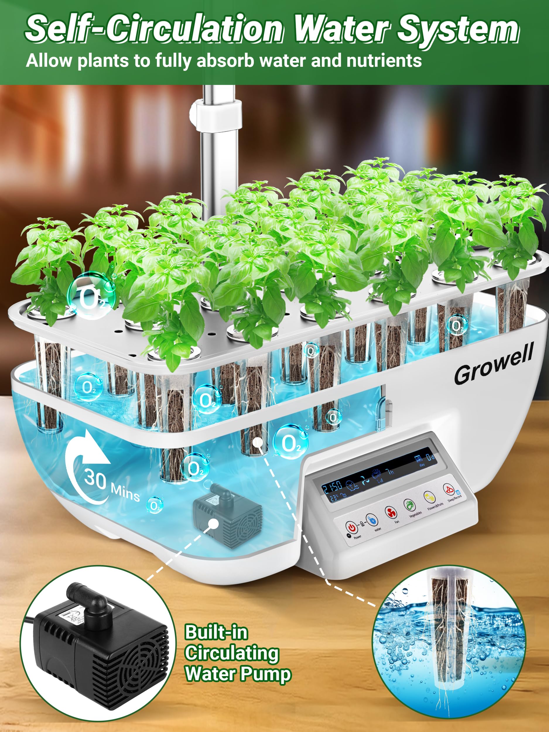 Growell Hydroponics 17 Kapseln Kräutergarten Grow System Kit mit 102 28W Vollspektrum-Wachstumsleuchten und 2 Ventilatoren, Indoor-Garten mit Wasserpumpe, Tank