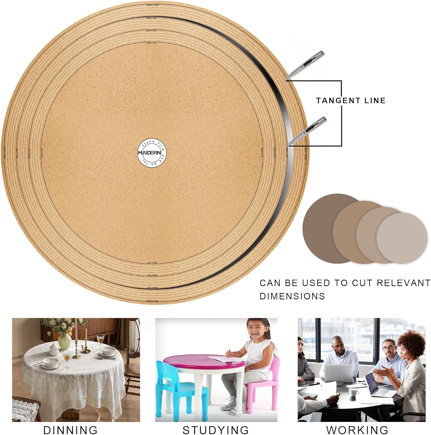 MAIDERN 24 Inch Round Cork & Leather Placemats, Cuttable Size (18-24 Inch), Trimmable Dining Table Mat, Heat Resistant/Non-Slip Table Cover for Kitchen, Office, or Restauran (Black)