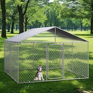 Large Dog Kennel Outdoor, Outside Kennel with UV & Rain-Proof Roof, Heavy Duty Dog Pens Outside with Lock, Durable Metal Enclosure 118" L x 118" W x 83" H