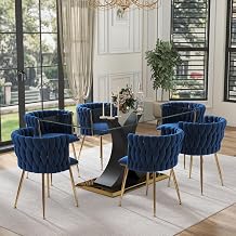 7 Pieces Modern Luxury Glass Dining Set, Large Minimalist Rectangle Dinner Set for 6, 63 Clear Glass Top Kitchen Table Set with Black & Gold Base, Blue Dining Chairs, for Apartment