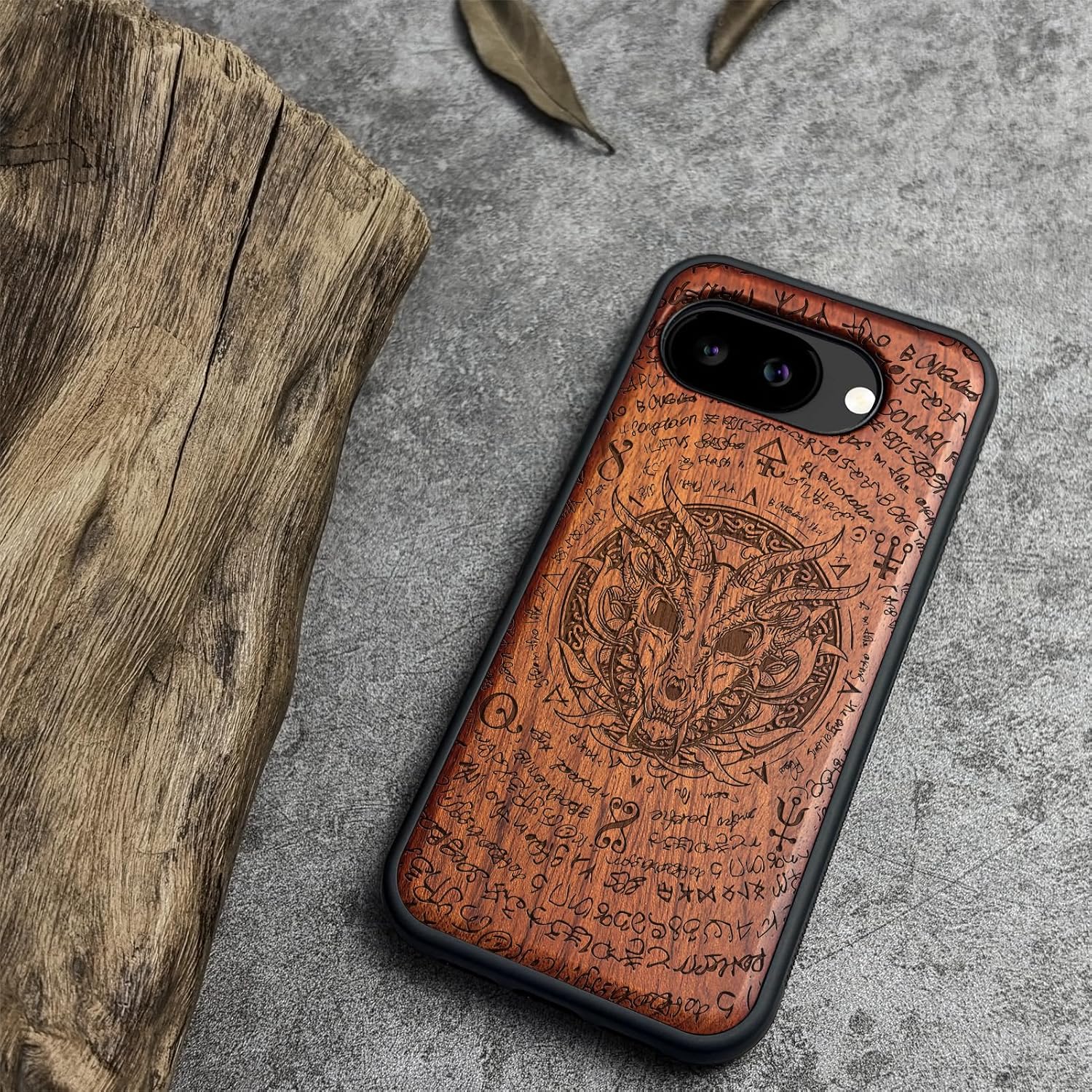 Carveit Magnetic Wooden Case for Google Pixel 10a Case, Wood Artisan Engraved & Soft TPU Shockproof Cover, Compatible with MagSafe Wireless Chargers (Dragon Skull Within an Octagonal Star) Rosy