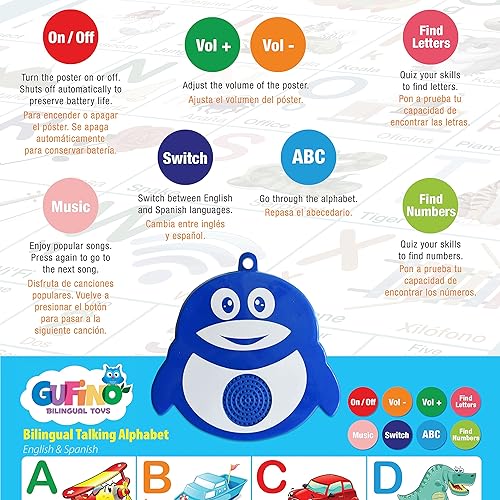 Miniatura 7 de GUFINO - Póster bilingüe del alfabeto parlante para niños pequeños aprendizaje ABC en inglés y español para niños pequeños Números colores canciones