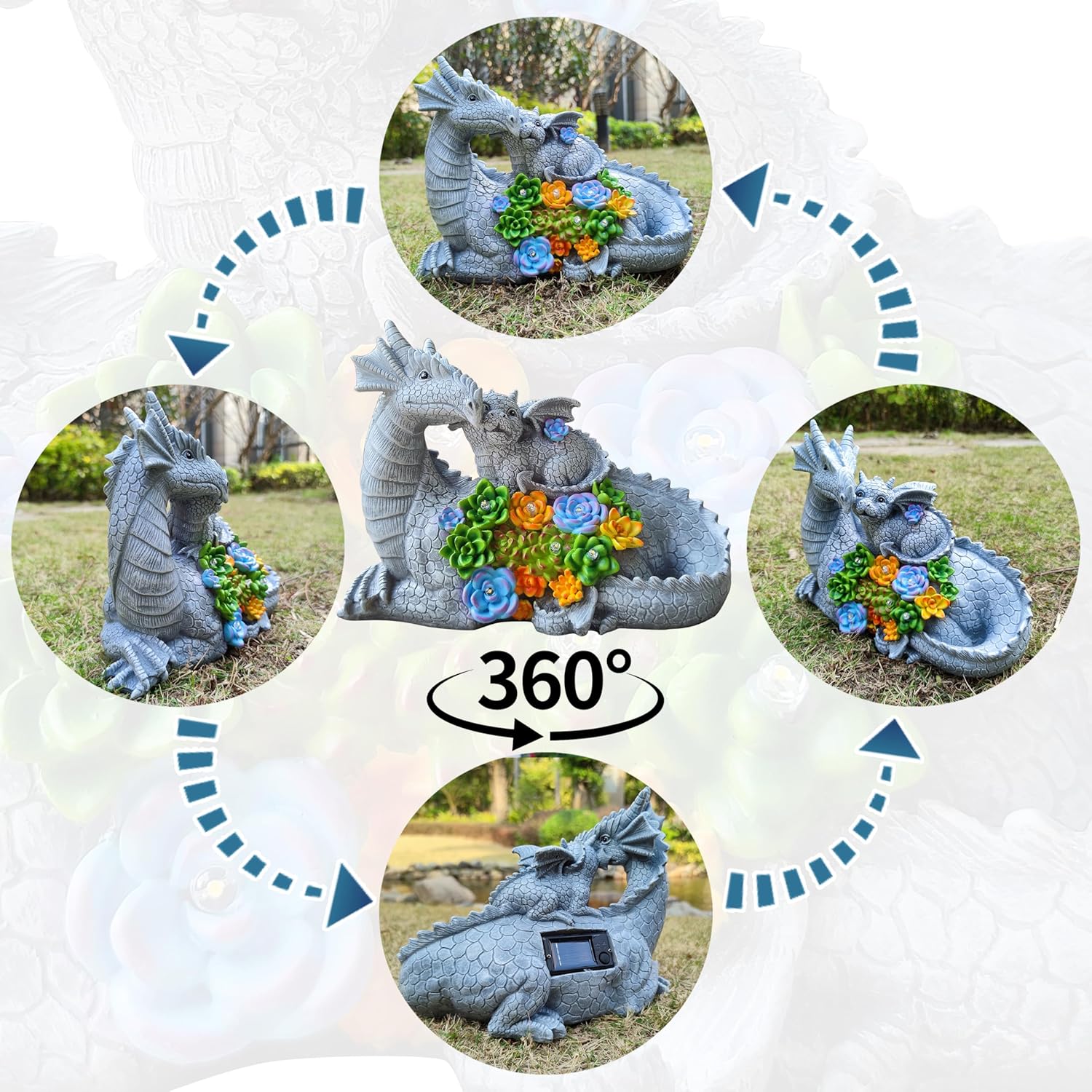 Solar Garden Statues Dragon Figurine Lights, Gardens Statue with Succulents and 6 LED Lights Yard Decorations Outdoor, Solar Light Garden Decor Unique Birthday Housewarming Gifts for Mom - Image 4