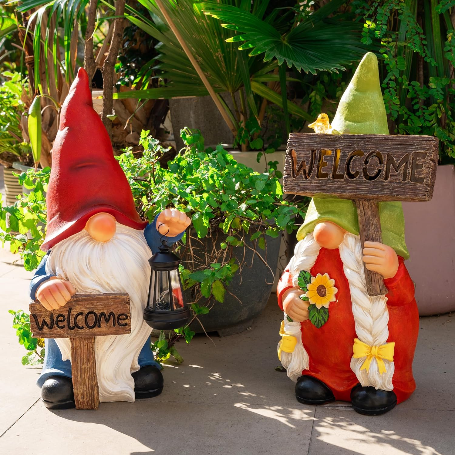 22" Solar Large Gnome Lady Garden Statue Big Female Gnome with Welcome Sign Outdoor Decor with LED Lights Home Porch Yard Patio Lawn Ornament Christmas Housewarming Gardening Gift