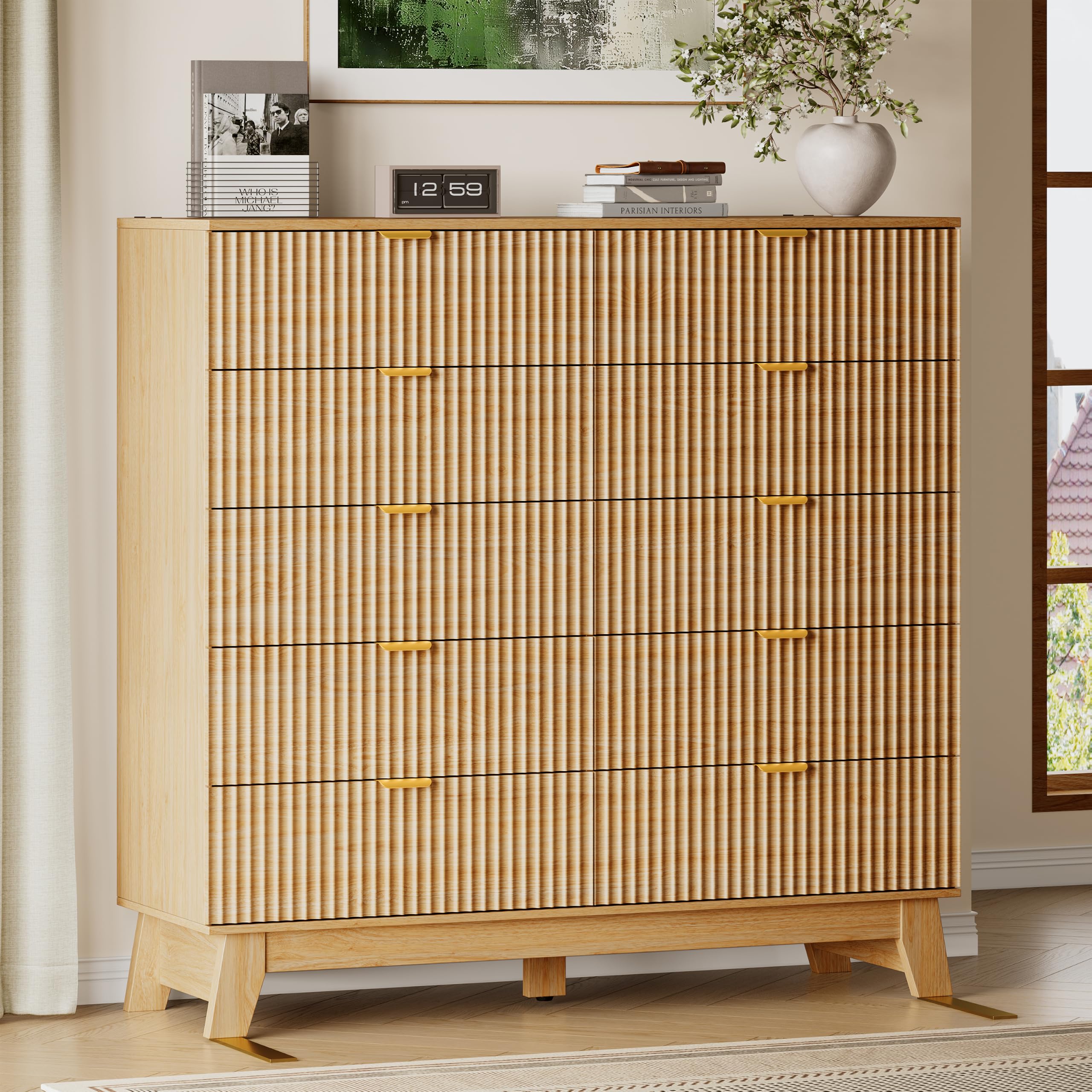 BORNOON 46" Tall Dresser for Bedroom, 10-Drawer Fluted Chest of Drawers, Modern Wood Highboy with Metal Slides and Handles, Anti-Tip Kit, Vertical Clothes Storage Organizer for Apartment, Closet