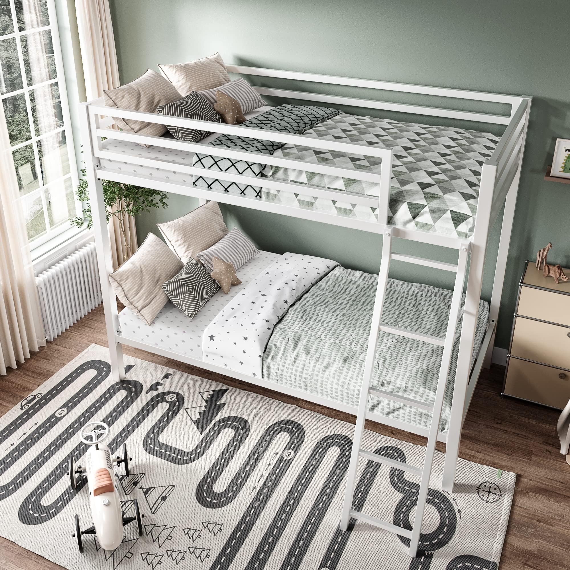 Metal Bunk Bed Twin Size, Teenage Bed with Ladder, Safety Full-Length Guardrail, Space Saving/No Box Spring/Noiseless/White