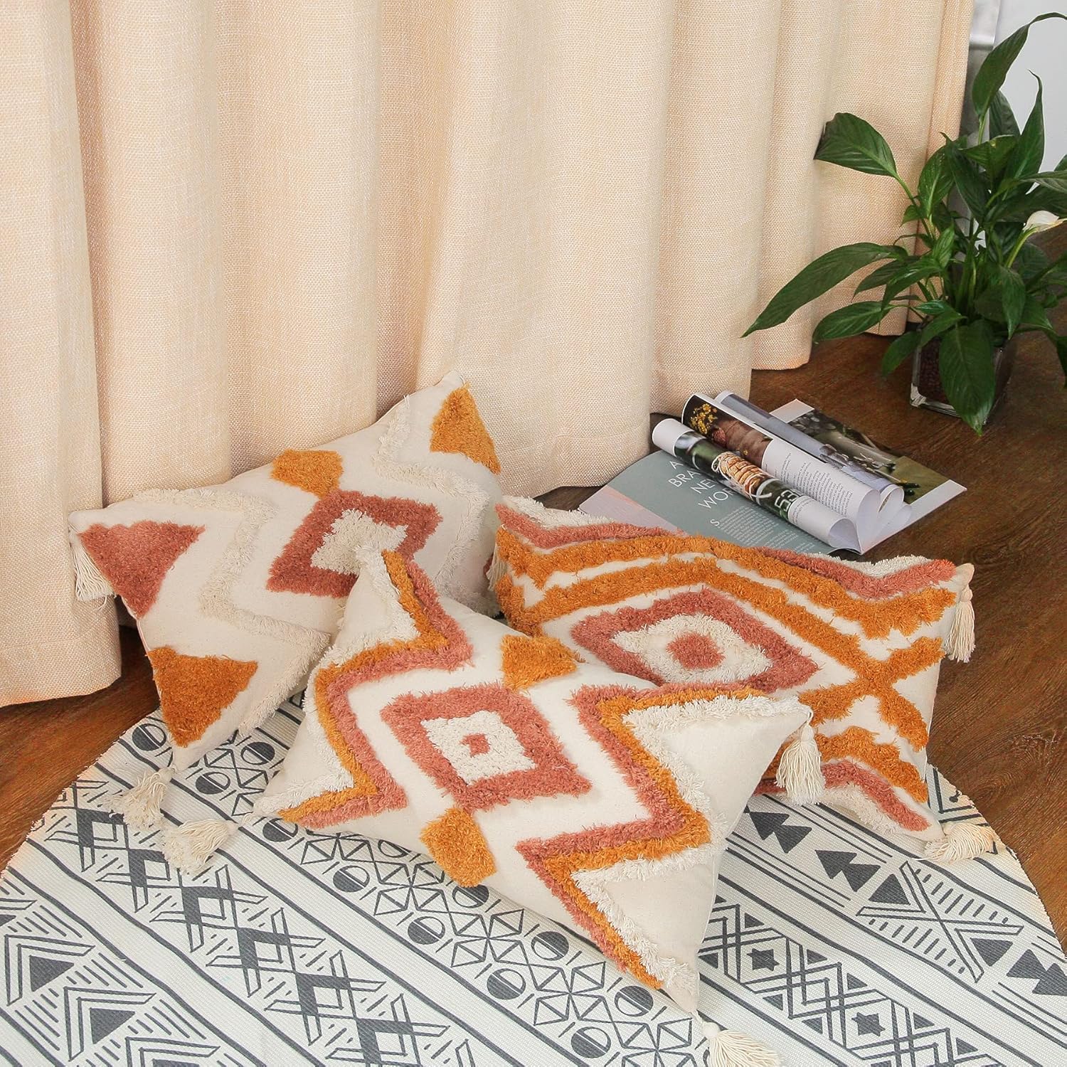 Merrycolor Boho Lumbar Throw Pillow Cover 12x20 inch,Bohemian Tufted Decorative Pillow Covers with Tassels for Couch Sofa Bedroom Living Room - Image 6