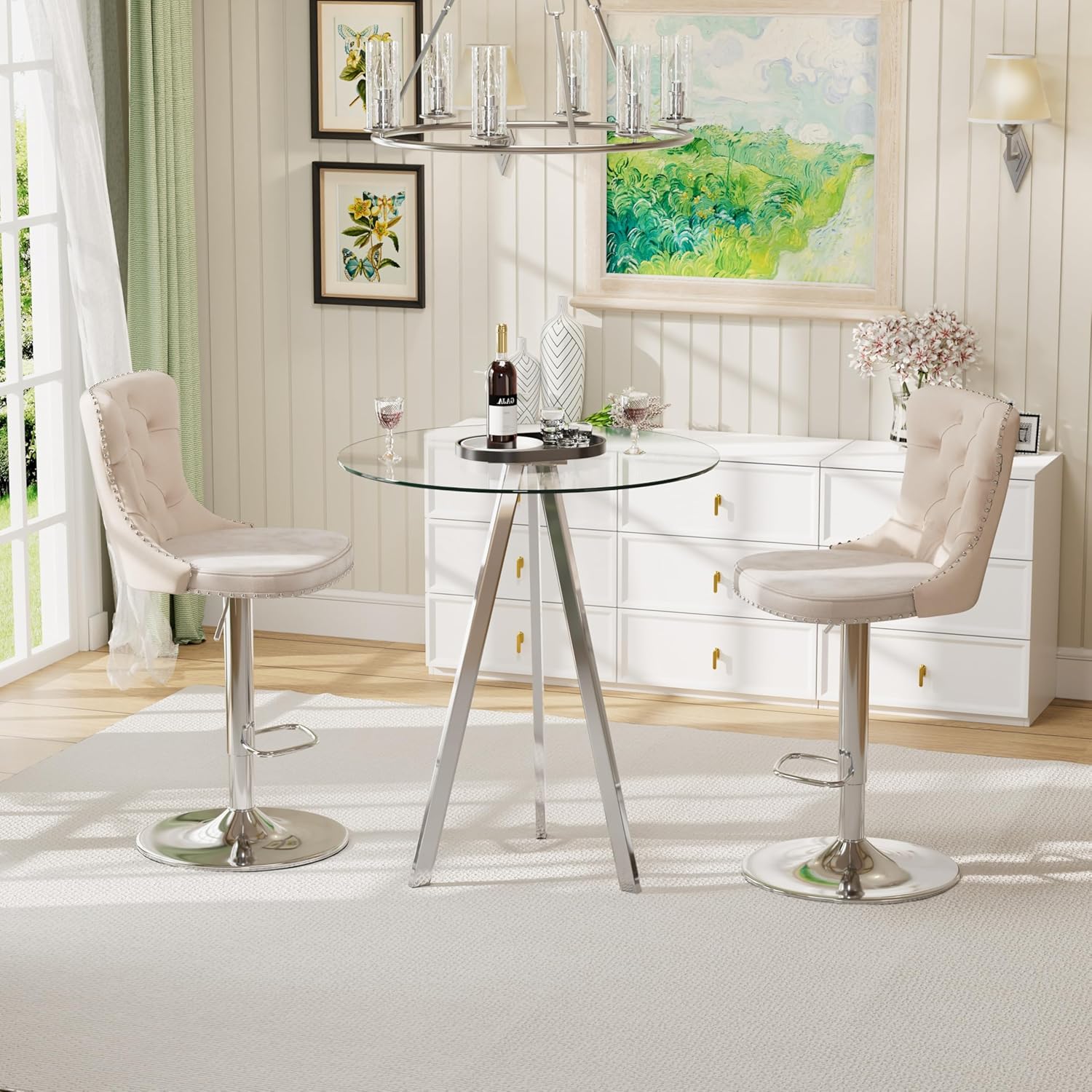 Small Round Bar Table and Adjustable Barstools Set for 2, Glass Counter Height Table with 2 Velvet Bar Chairs Swivel Island Chairs for Bistro Pub (Silver Metal Legs, Clear Top + Beige Chair)