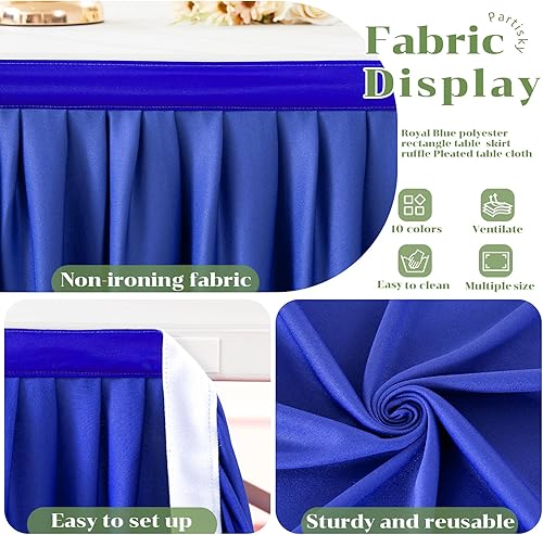Miniatura 5 de Partisky Falda de mesa de poliéster azul real para mesas rectangulares de 9 pies, resistente a las arrugas, mantel plisado con volantes para