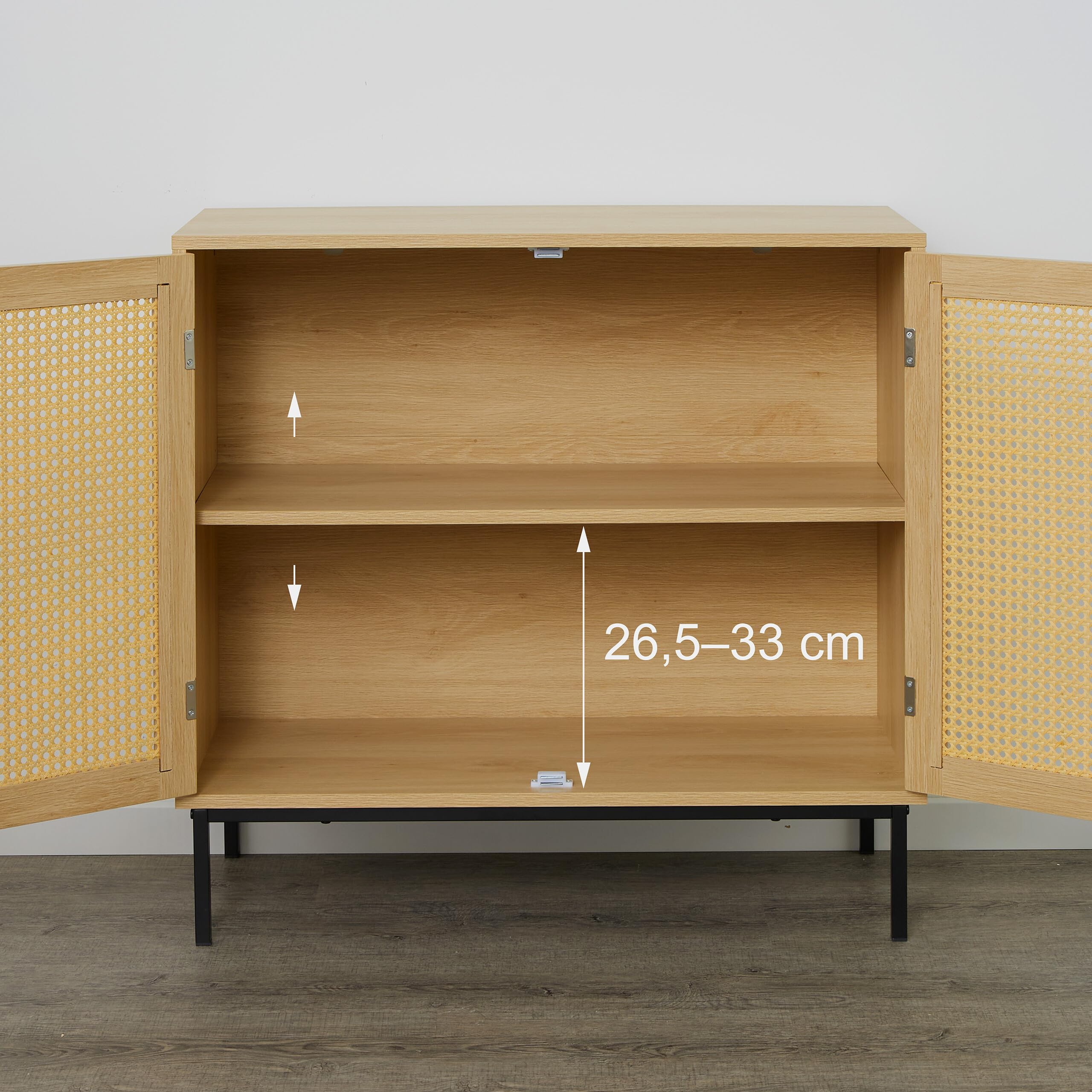 Relaxdays dressoir, 2 rotan deuren, metalen poten, HxBxD: 76x80x35 cm, woonkamer, hal, 2 vakken, kastje, natuur/zwart